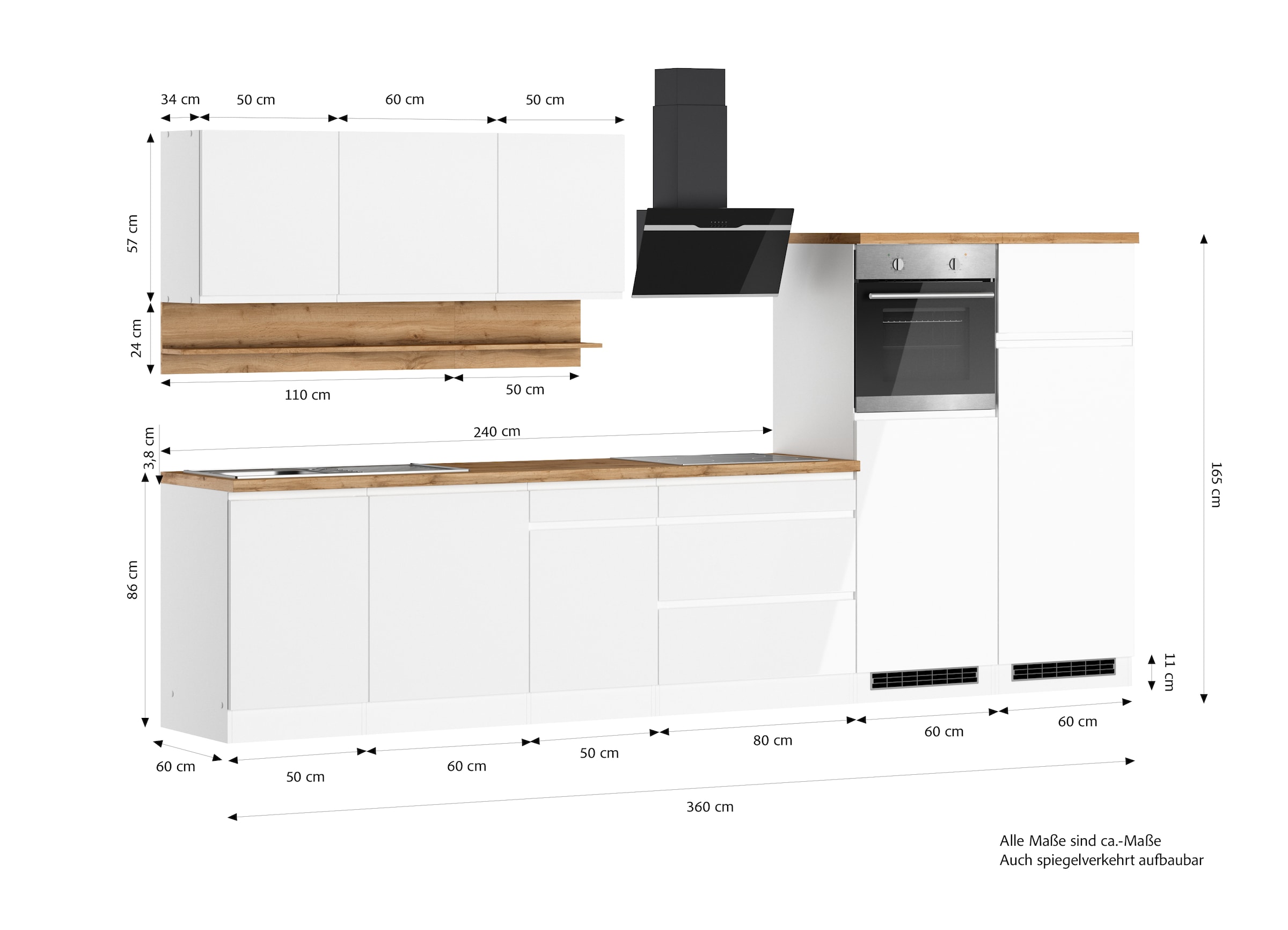 KOCHSTATION Kitchenette »KS-Virginia,neu in verbesserter Ausführung« plan de travail épaisseur 38 mm, rangement, fermeture douce,  largeur 360 cm, softclose, au choix avec appareils électriques et induction