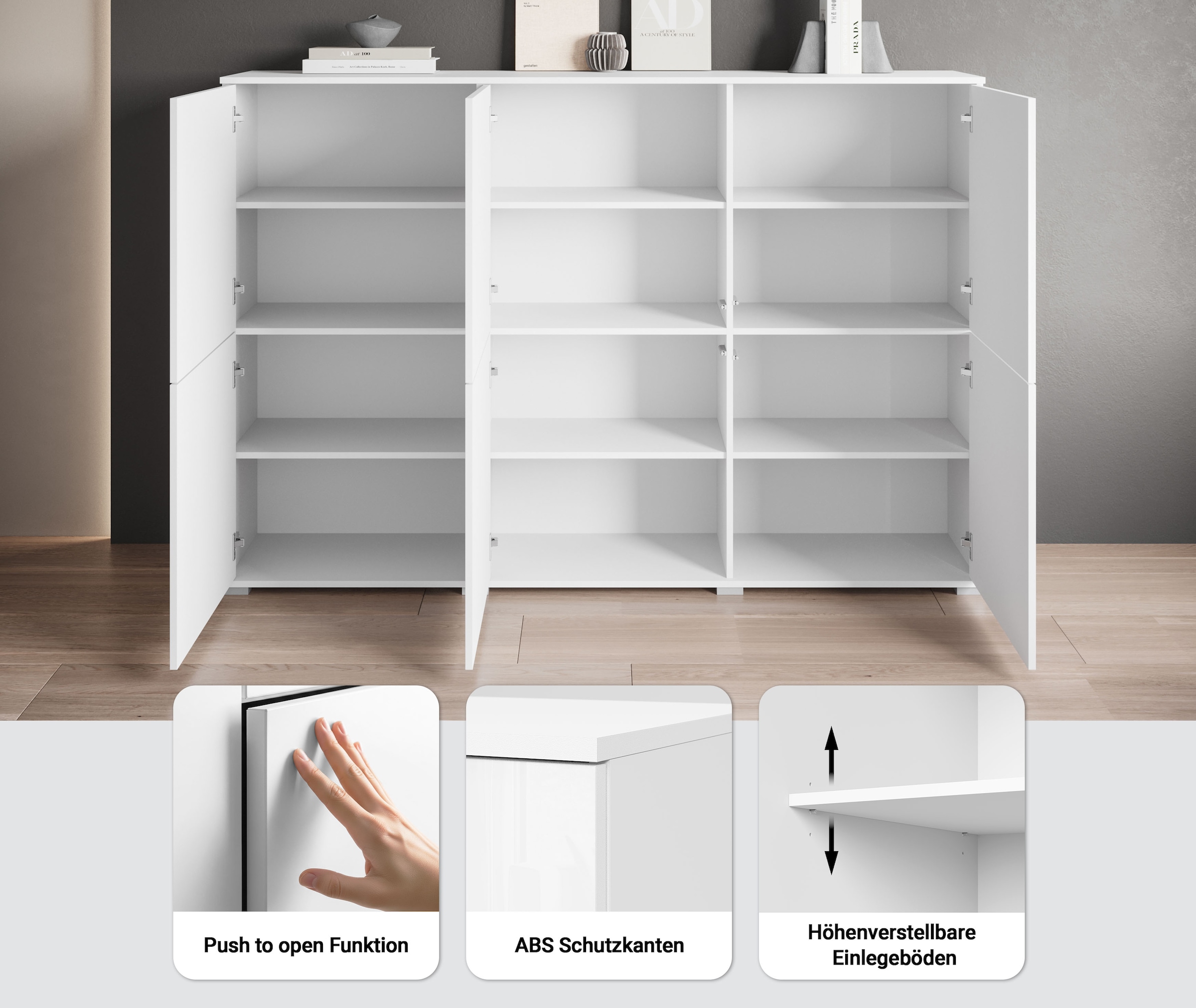 GOODproduct Buffet haut »Kenia, moderne grifflose Hochkommode mit 6 Türen, Breite 180 cm« 1 cuis tlg. façades push-to-open, étagères réglables en hauteur