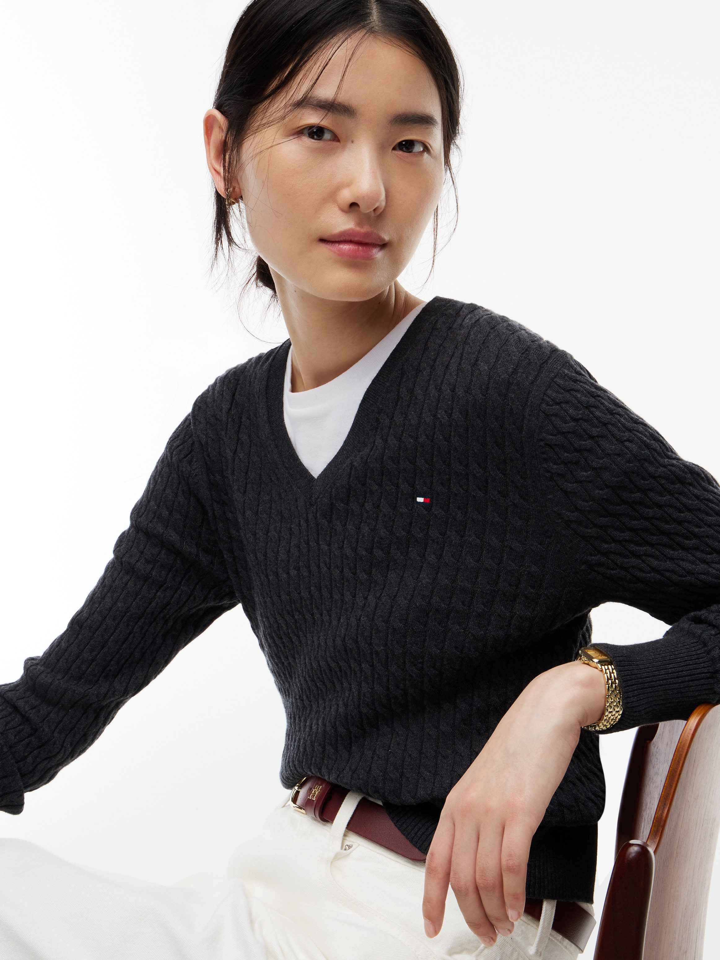 Tommy Hilfiger Pull en tricot »CO CABLE FINE GG V-NK LS SWT« coton, avec motif torsadé
