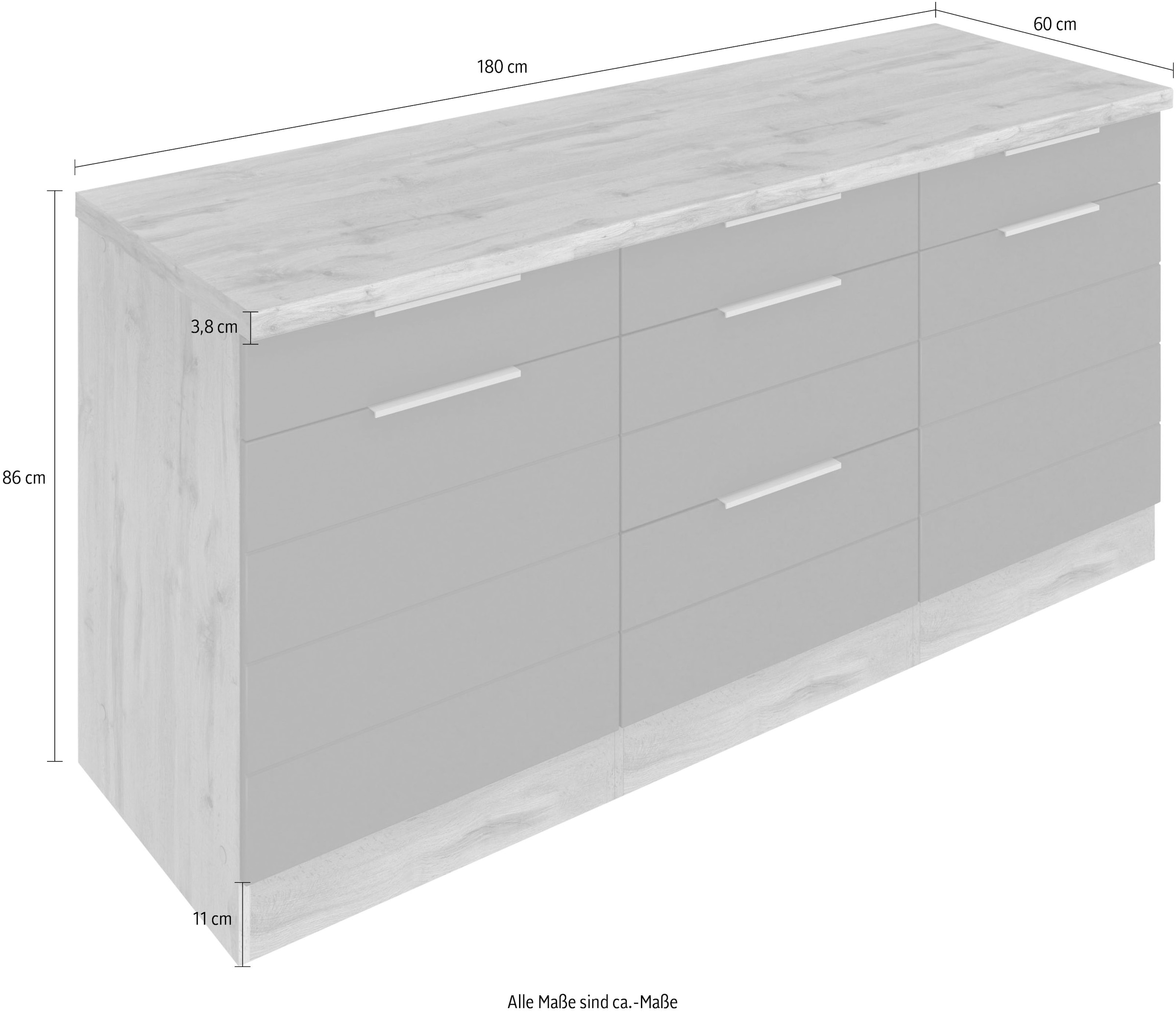 KOCHSTATION Armoire basse »KS-Luhe« largeur 180 cm, pour beaucoup de rangement, façades MDF avec lisseau horizontal