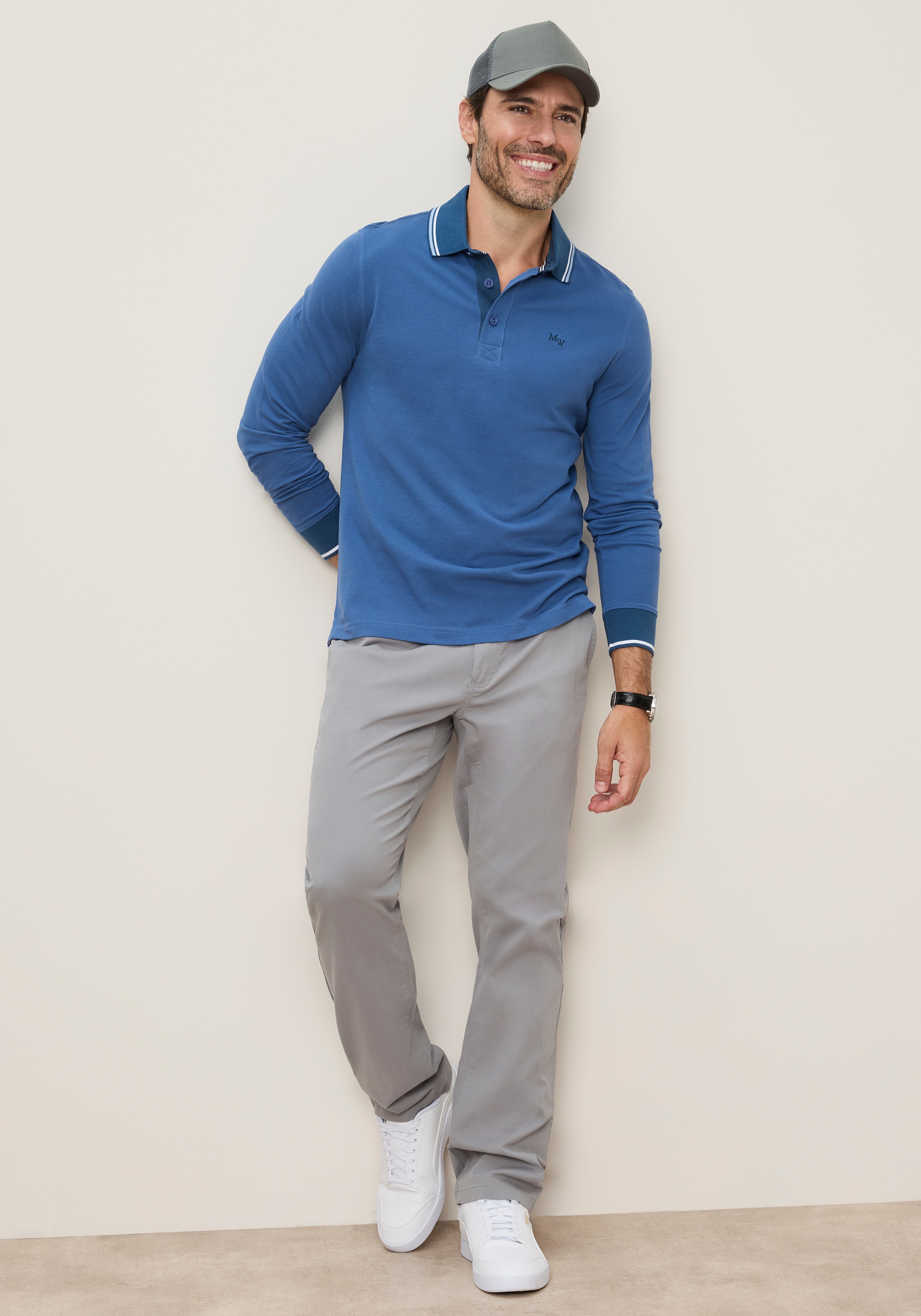 Man's World Polo coupe normale, manches longues, look casual classique