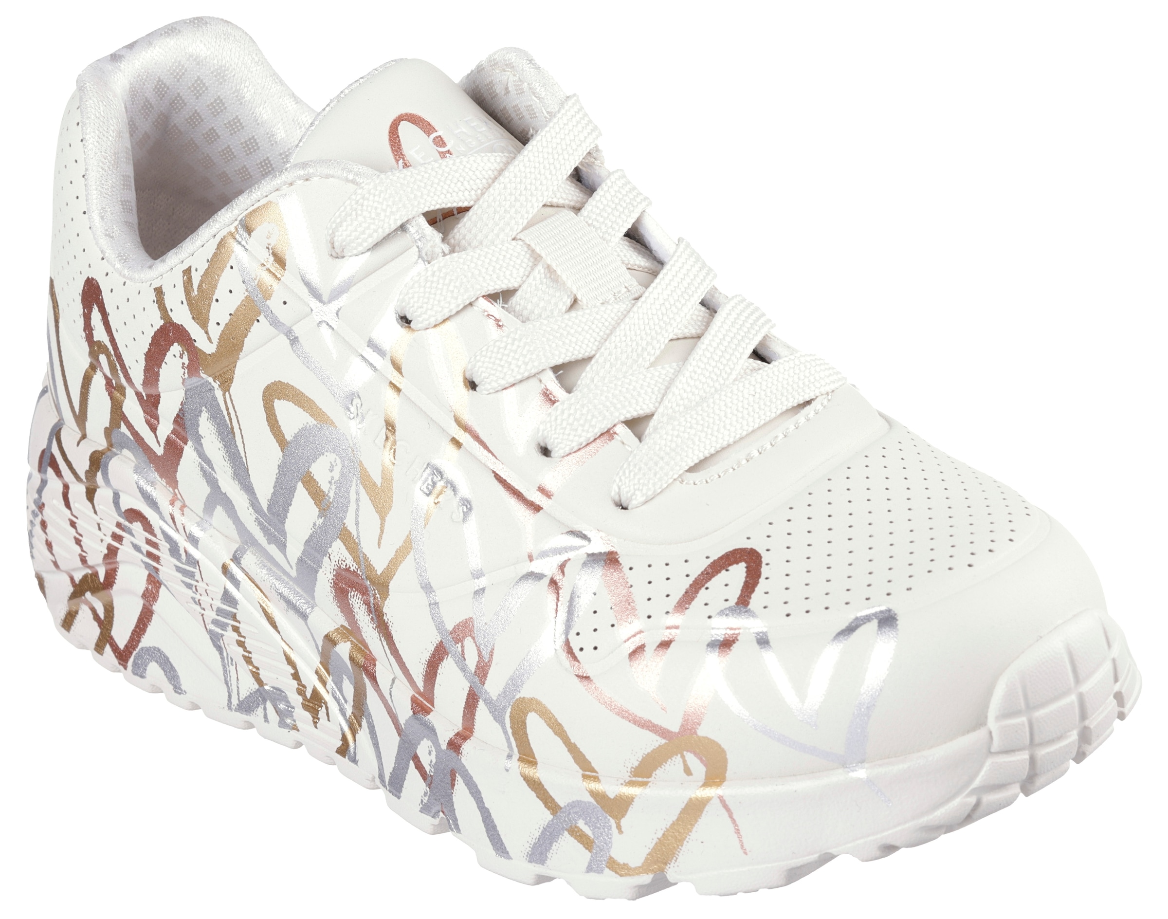 Skechers Plateausneaker »Skechers x JGoldcrown: Uno Lite - Metallic Love«  , Schnürschuh, Keilsneaker mit Herzchen im Metallic Look bedruckt