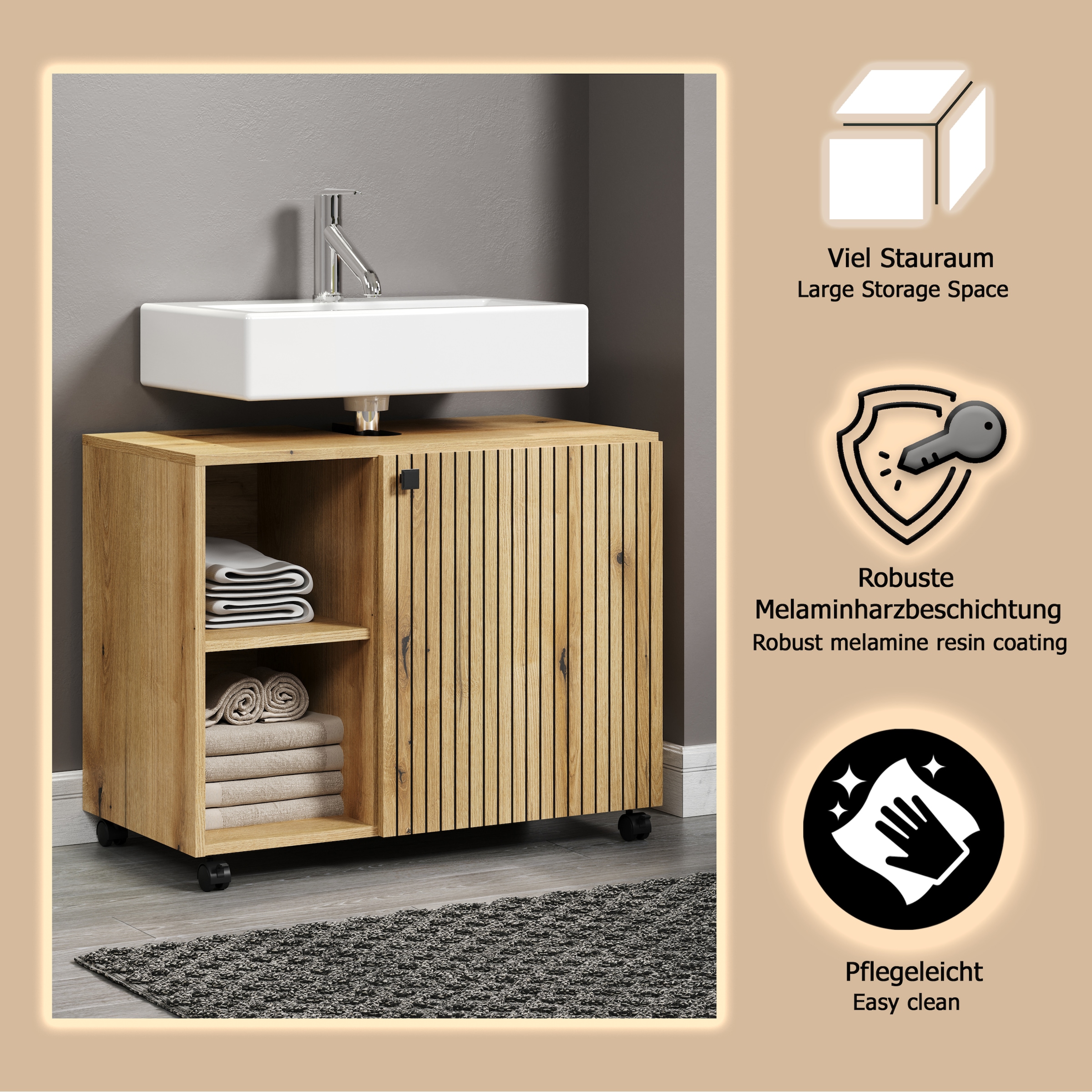 welltime Waschbeckenunterschrank »Amrum« 1 Stk. tlg. Waschtisch auf Rollen - (B/T/H) wahlweise 60-80/42/64 cm