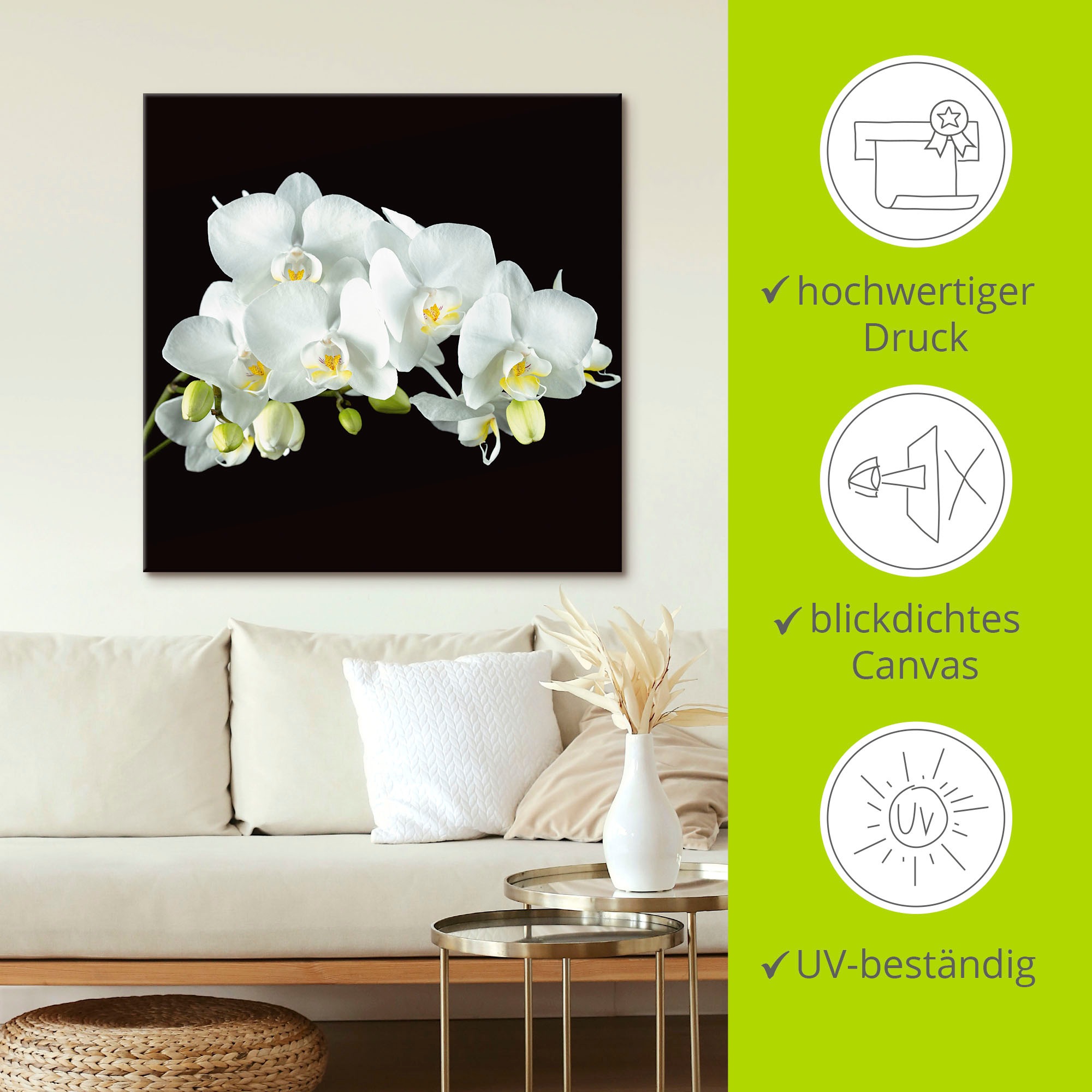 Artland Leinwandbild »Weisse Orchidee auf schwarzem Hintergrund« Blumen 1 Stk. tlg. als Leinwandbild, Poster, Wandaufkleber in verschied. Grössen