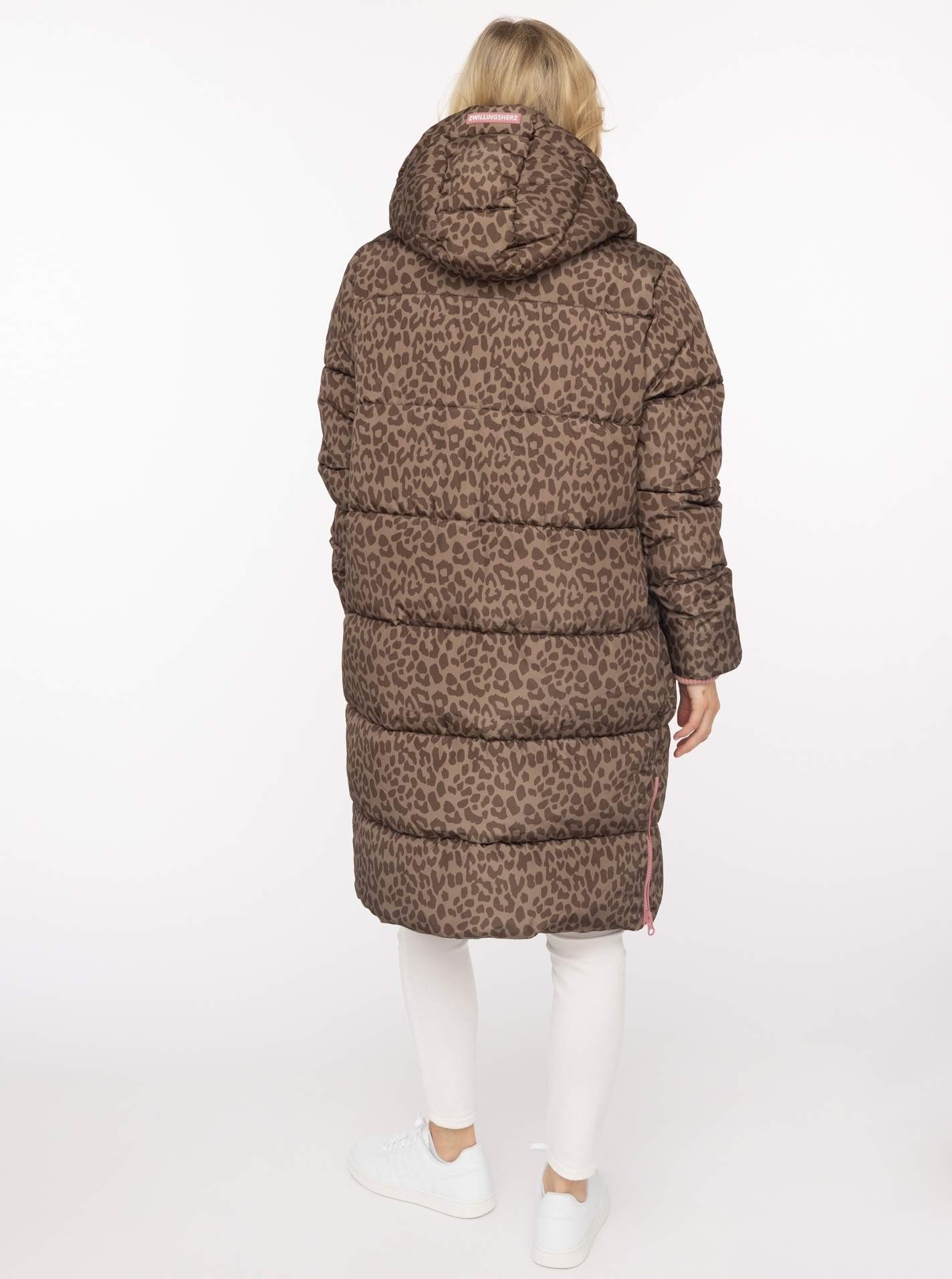 Zwillingsherz Manteau matelassé »„Leo AOP“« capuche, détails contrastés, motif léopard, fermeture éclair, poches,