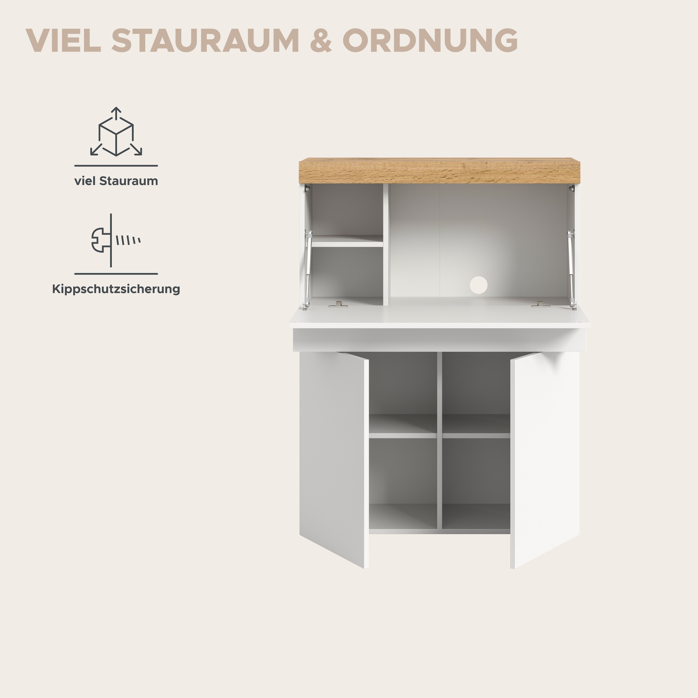GOODproduct Sekretär »MAMBO, Höhe 122cm, Home-Office-Schreibtisch, PC-Schrank« 2 Türen, 1Klappe, 7 Fächer, 1 Schubkasten, 3 höhenverstellbare Böden,  Multifunktional mit viel Stauraum, klappbare Tischfläche