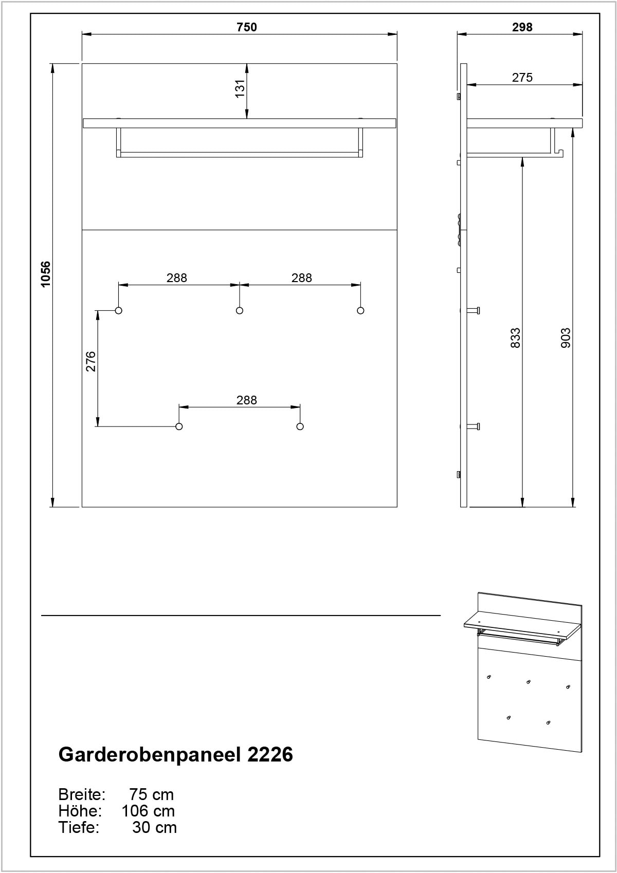 GERMANIA Panneau de vestiaire »Aledo« mit Ablageboden, Kleiderstange und -haken aus Metall