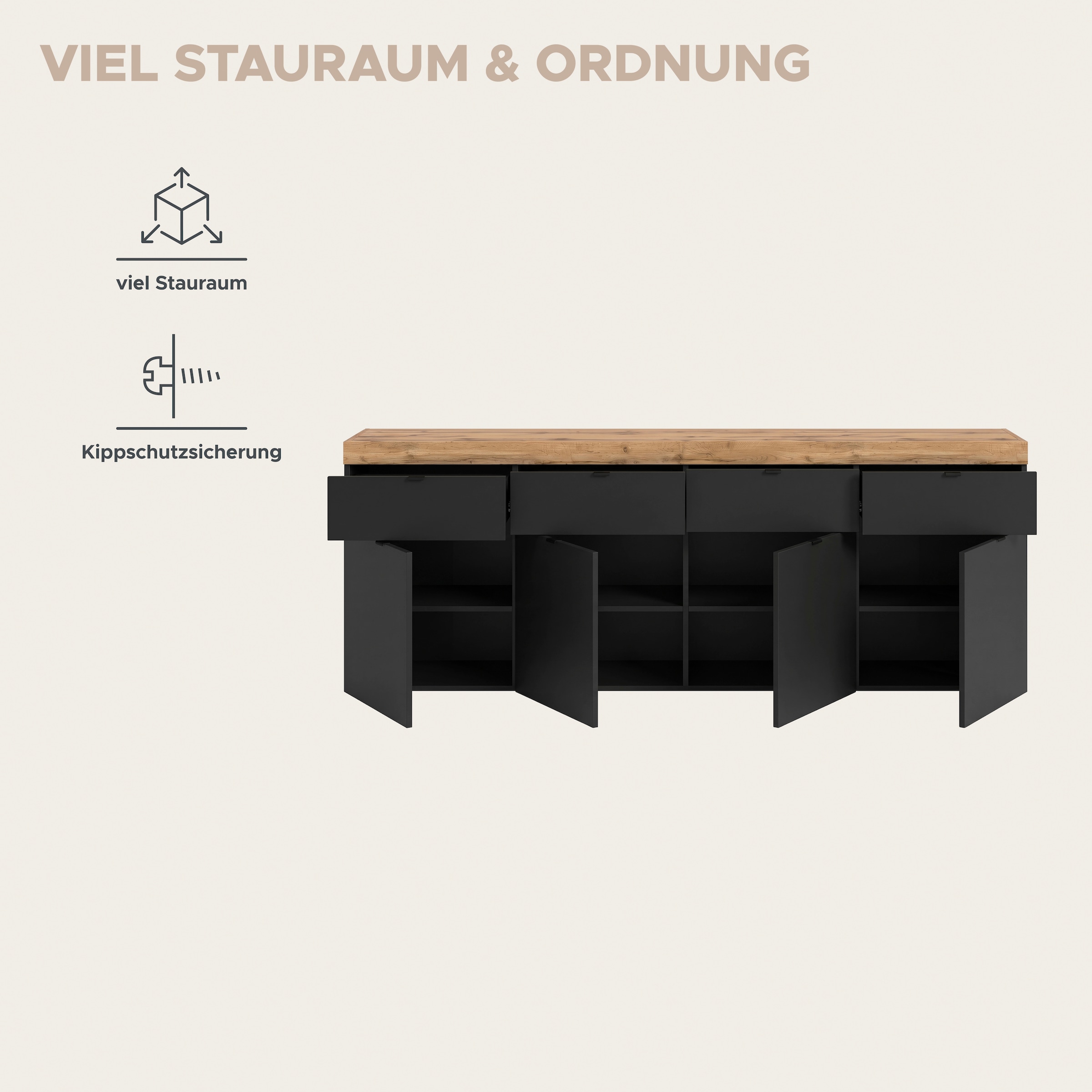 GOODproduct Sideboard »MAMBO II, Breite 200cm, 4 Türen, 4 Schubkästen, 8 Fächer« 1 Stk. tlg. Kommode, Anrichte, Wohnzimmer, Schlafzimmer