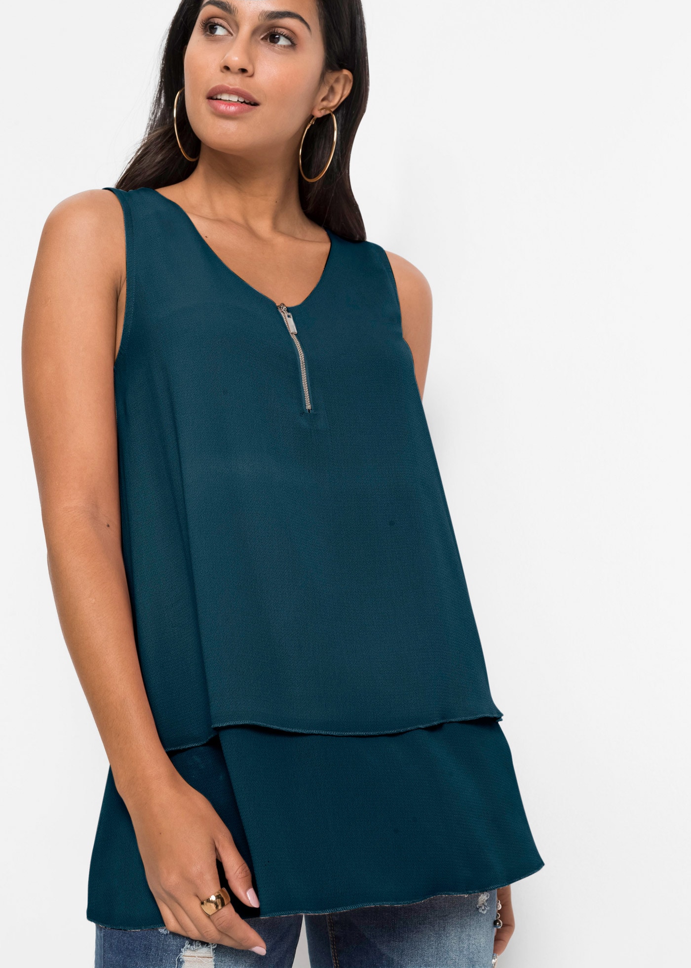 bonprix Top chemisier A-Linie, ohne Ärmel, aus Viskose und Elasthan, femininer Lagen-Look