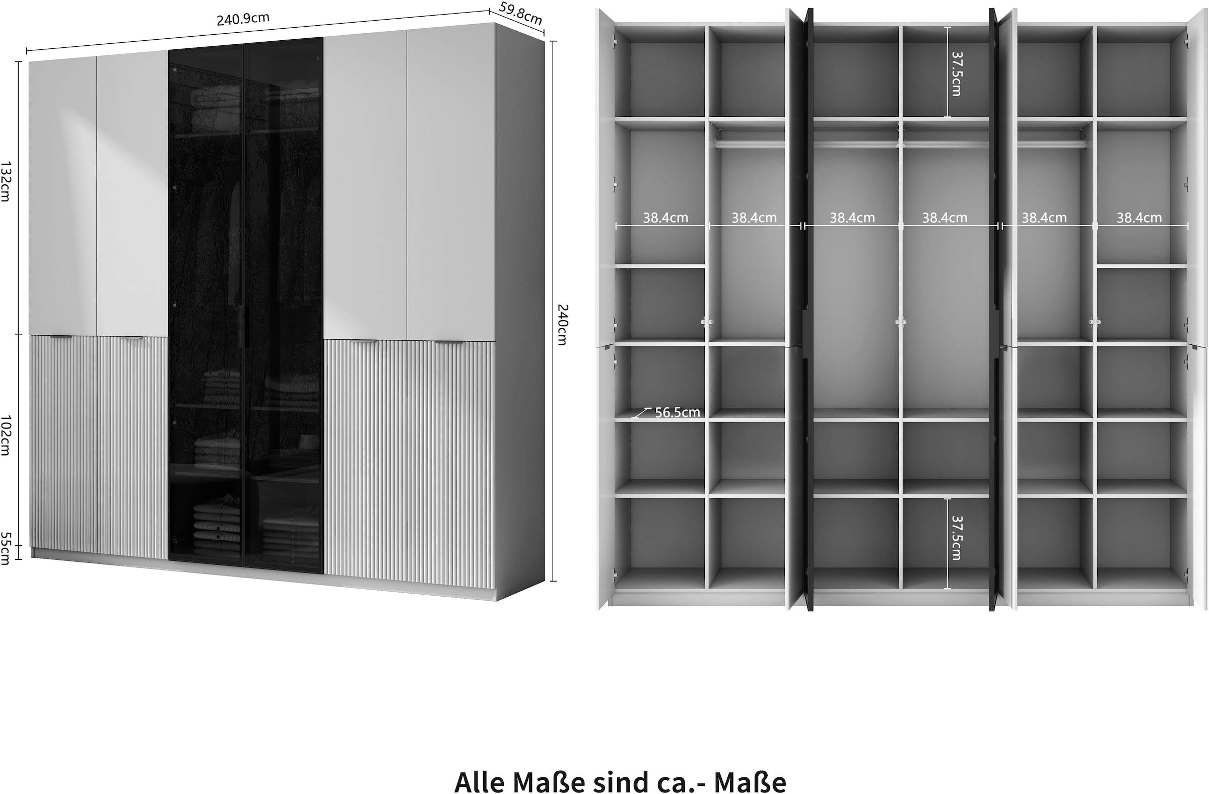 GOODproduct Kleiderschrank »Jorella Schlafzimmerschrank Garderobe mit Softclose Türen Glastüren« eleganter Schlafzimmerschrank Rillendesign Trend Breite 241cm Grauglas