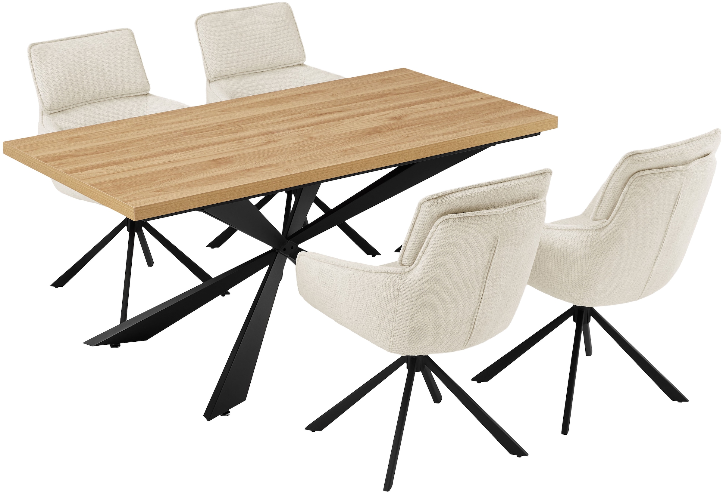 GOODproduct Essgruppe »Cusey, besteht aus einem Esstisch und vier Stühlen« Set, Stühle drehbar, Esstisch 160 cm, 4 cm starke Tischplatte, 5 Stk. tlg. kratzfester Tisch in Holzoptik, drehbare Stühlen, atmungsaktivem Stoff