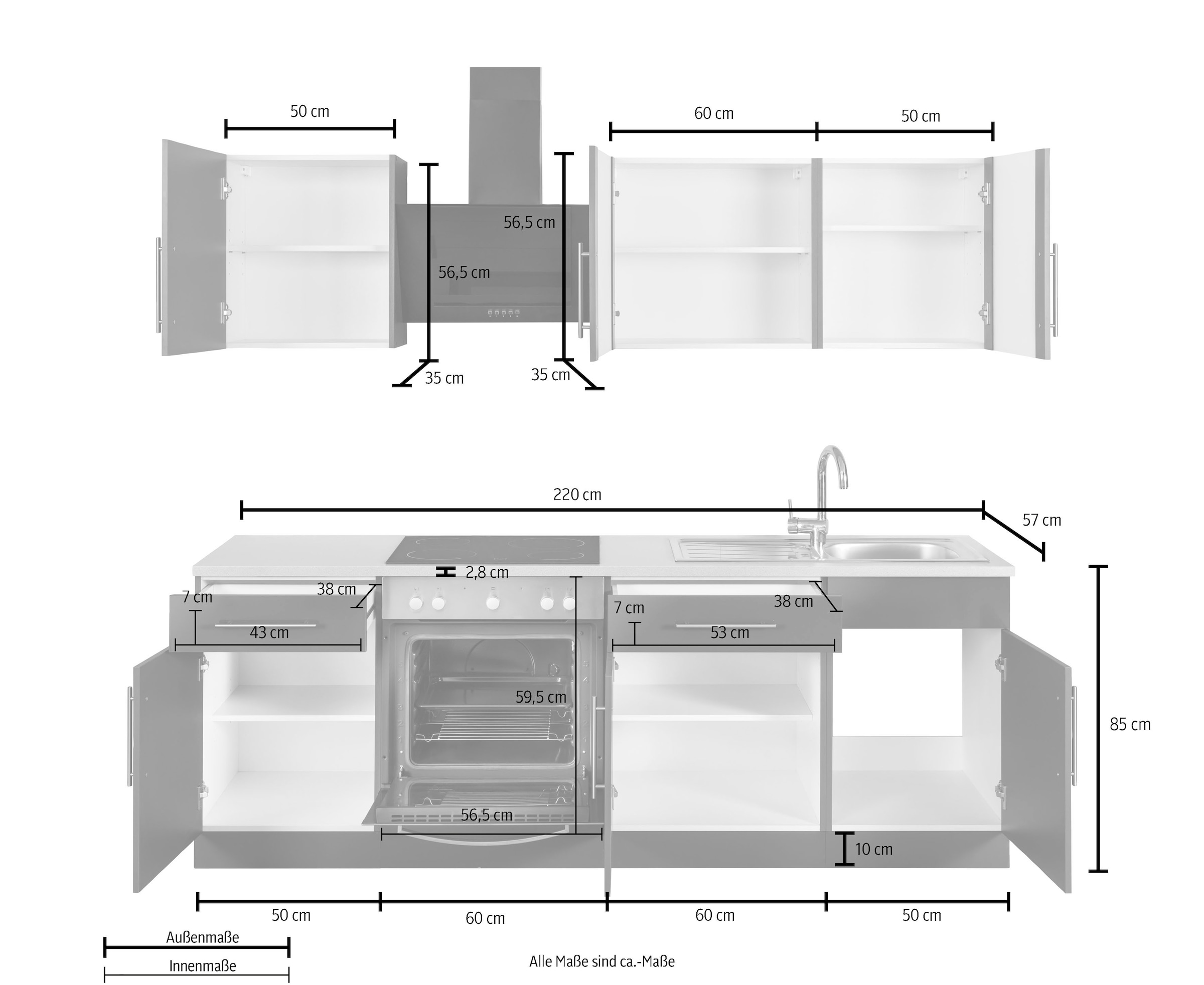 wiho Küchen Kitchenette »Cali, TOPSELLER« ohne E-Geräte, Breite 220 cm