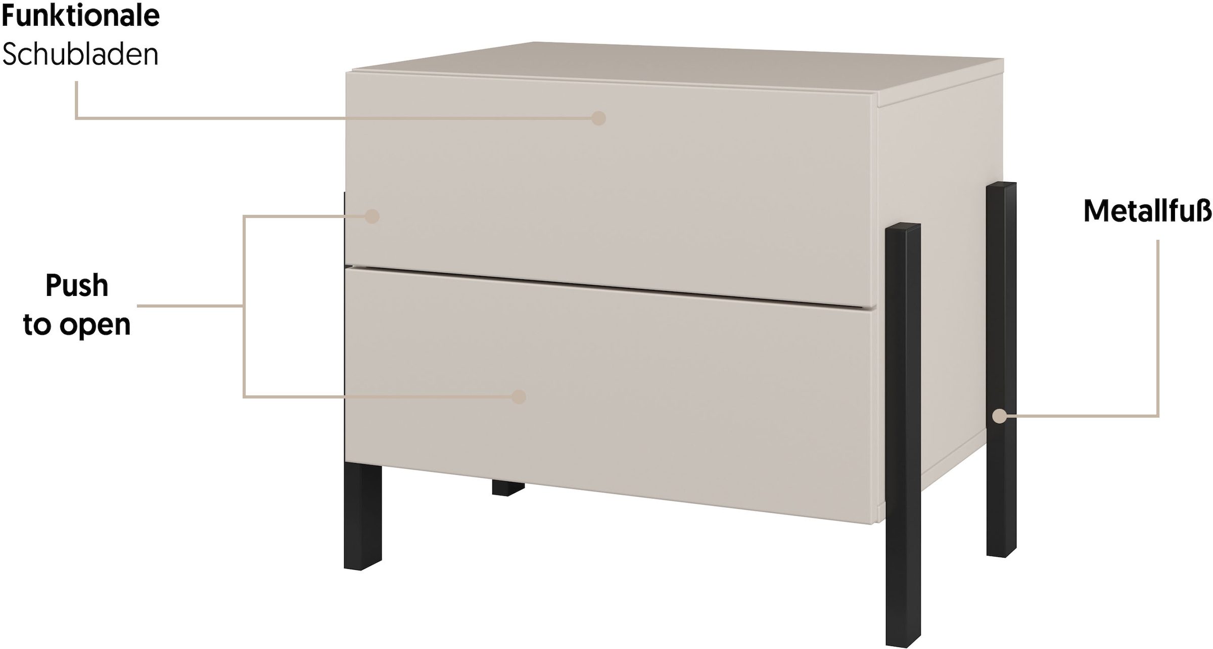 Home affaire Table de nuit »Jukon, Breite 59 cm, moderne Kommode mit zwei Schubladen« Nako mit zwei Schubladen, push to open Funktion