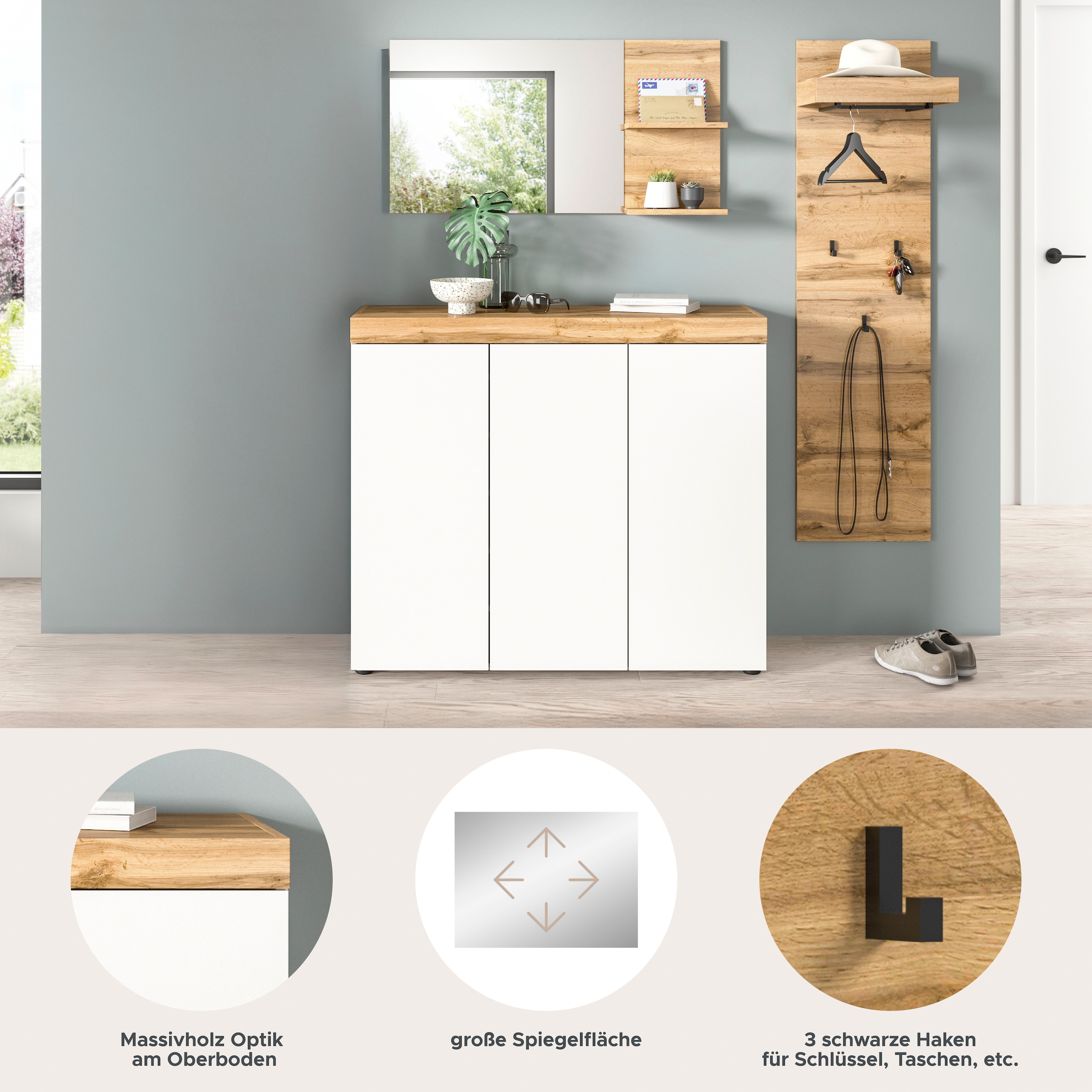 GOODproduct Garderoben-Set »MAMBO, 3-teilige Kombination, stehend & hängend montierbar« bestehend aus: Kommode, Spiegel, Garderobenpaneel, 3 Stk. tlg.