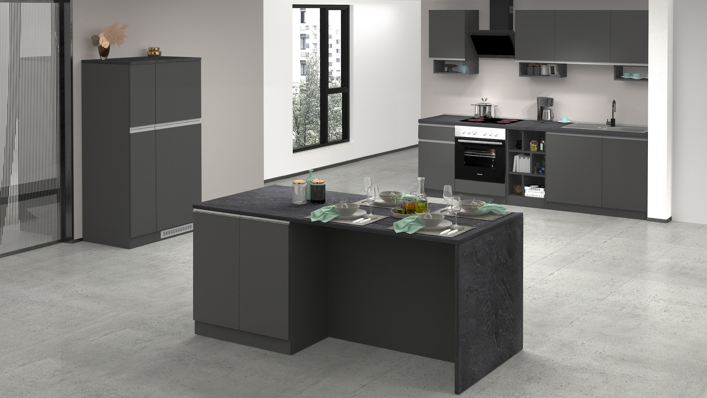 KOCHSTATION Kücheninsel »Sole,Kochinsel,Küchenarbeitsblock,Inselküche,Arbeitsinsel« Breite 200 cm mit 4 Türen,4 Fächer, Arbeitsplatte, Aluminiumgriff