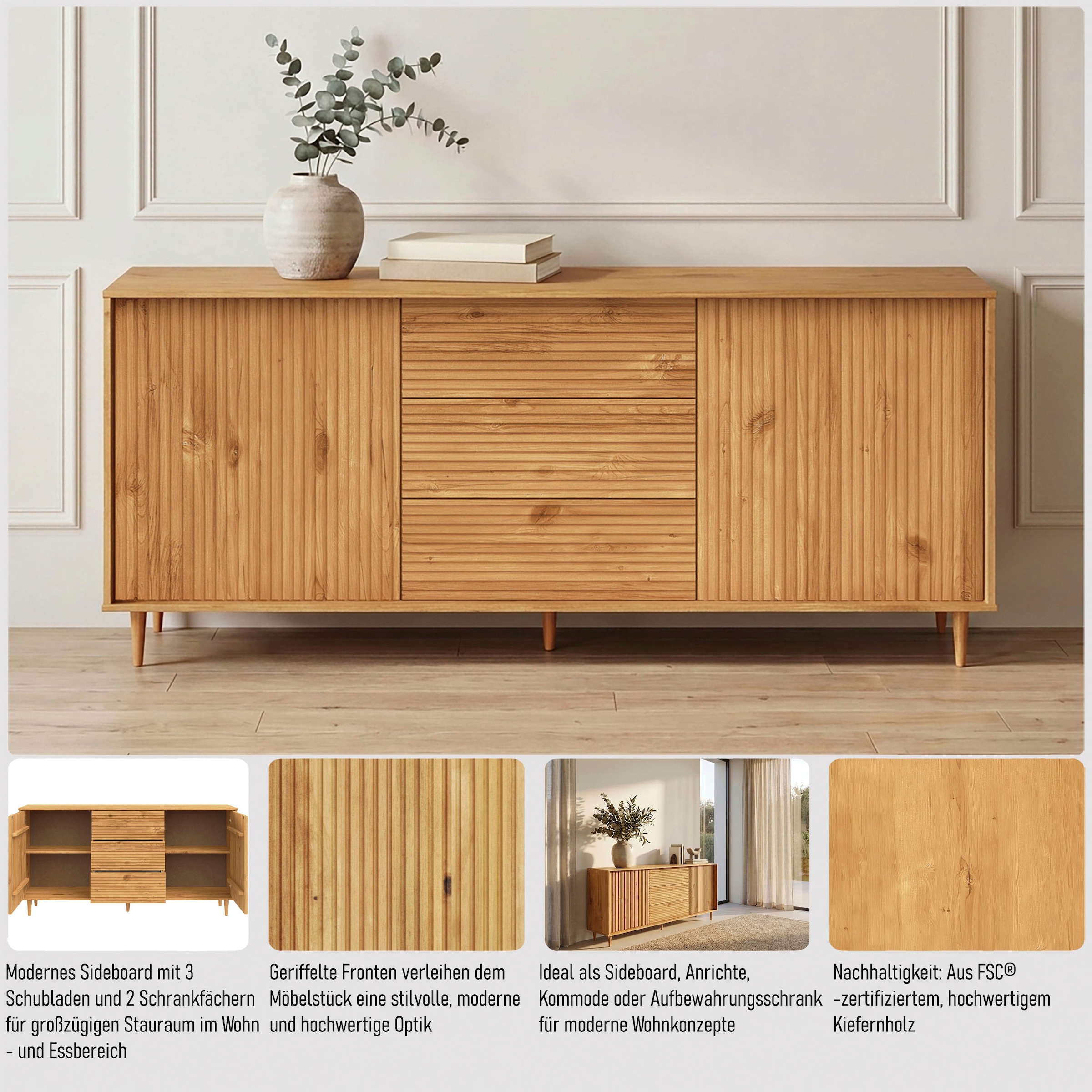 GOODproduct Sideboard »Malmedy  Front mit gefrästen Rillen« Kommode aus massivem Kiefernholz, Push-to-open, Breite 160 cm
