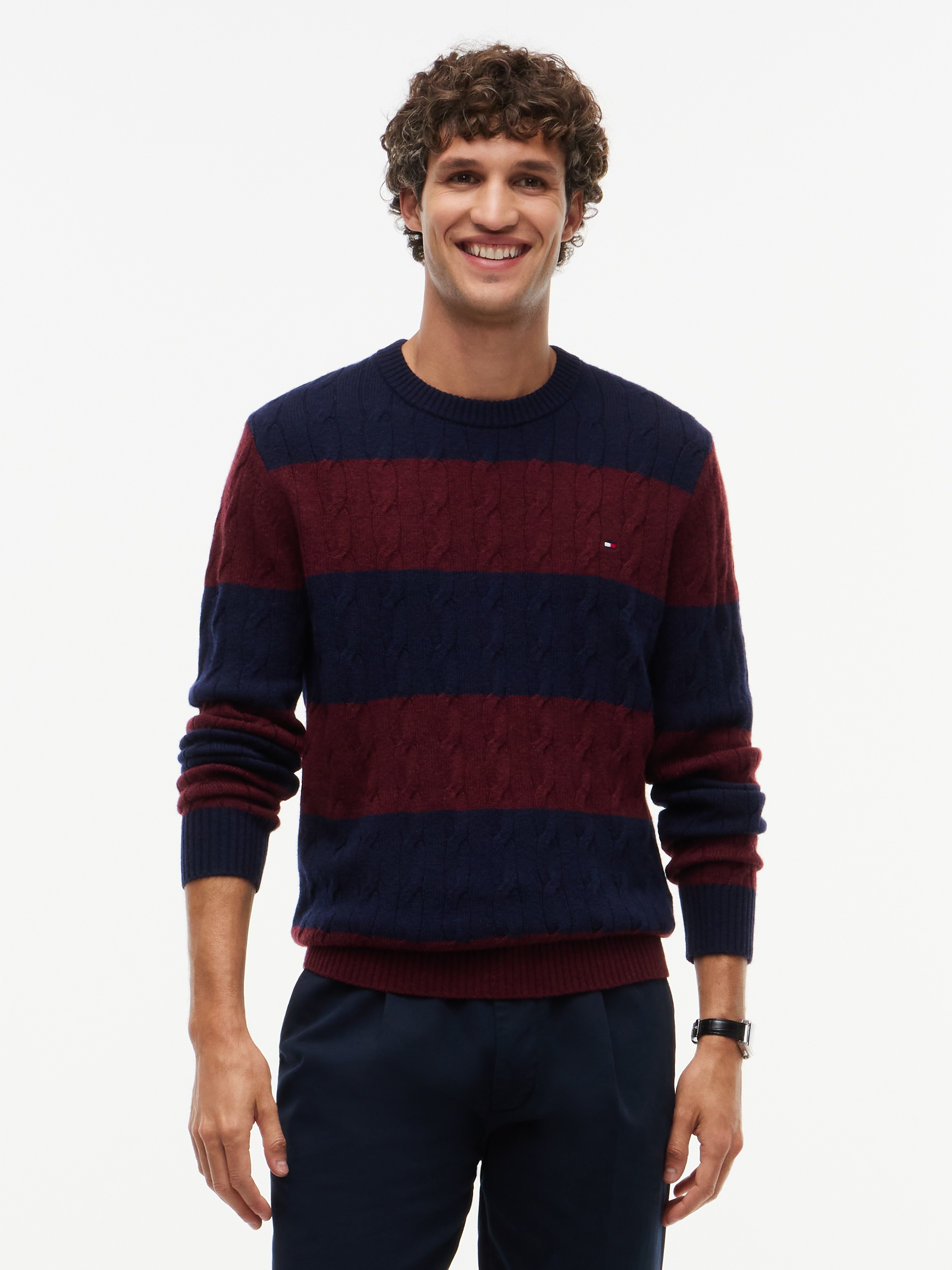 Tommy Hilfiger Rundhalspullover »LAMBSWOOL CABLE CREW« aus reiner Lammwolle mit Zopfmuster