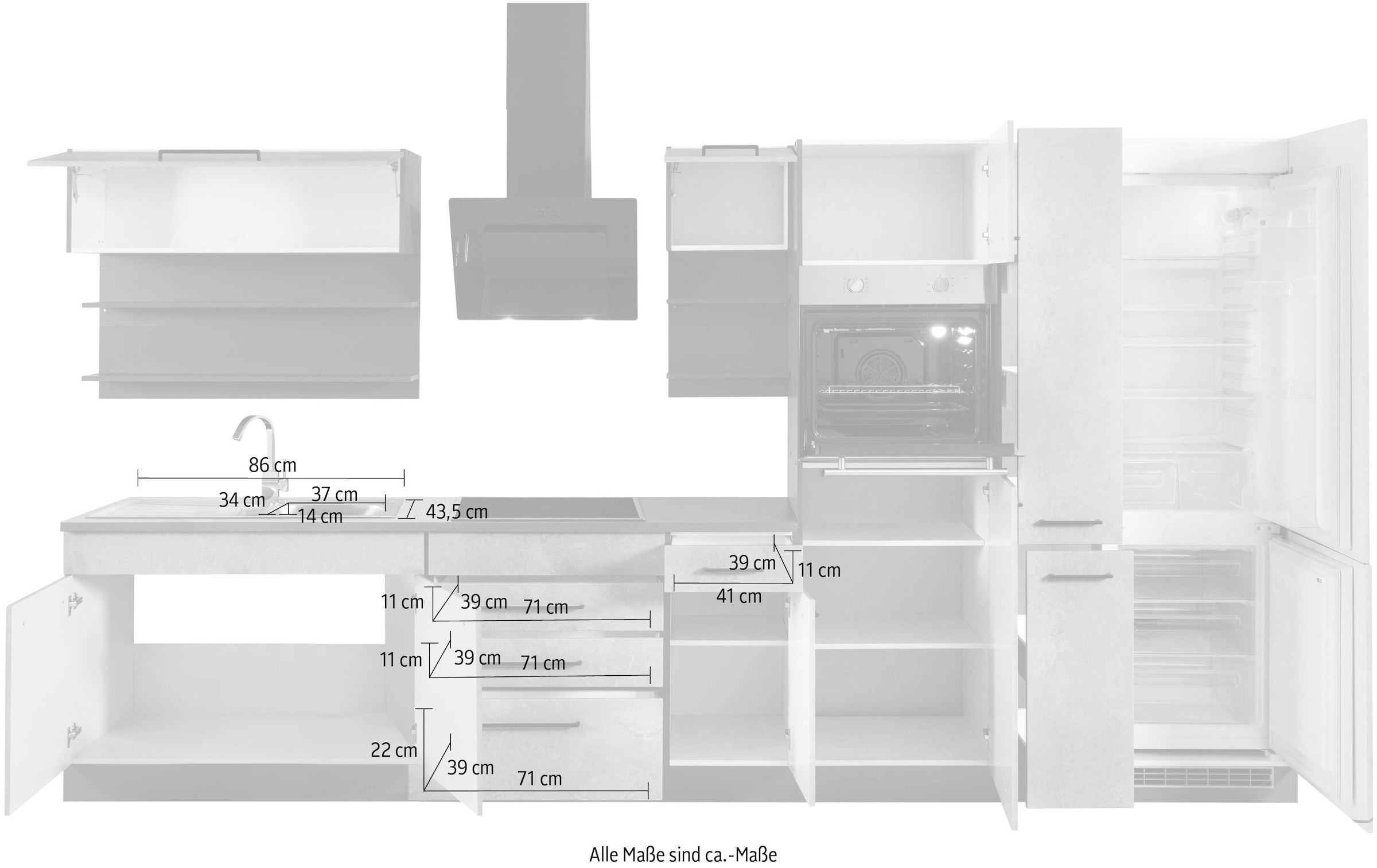 KOCHSTATION Küchenzeile »KS-Tulsa« ohne E-Geräte, Breite 380 cm, schwarze Metallgriffe, MDF Fronten