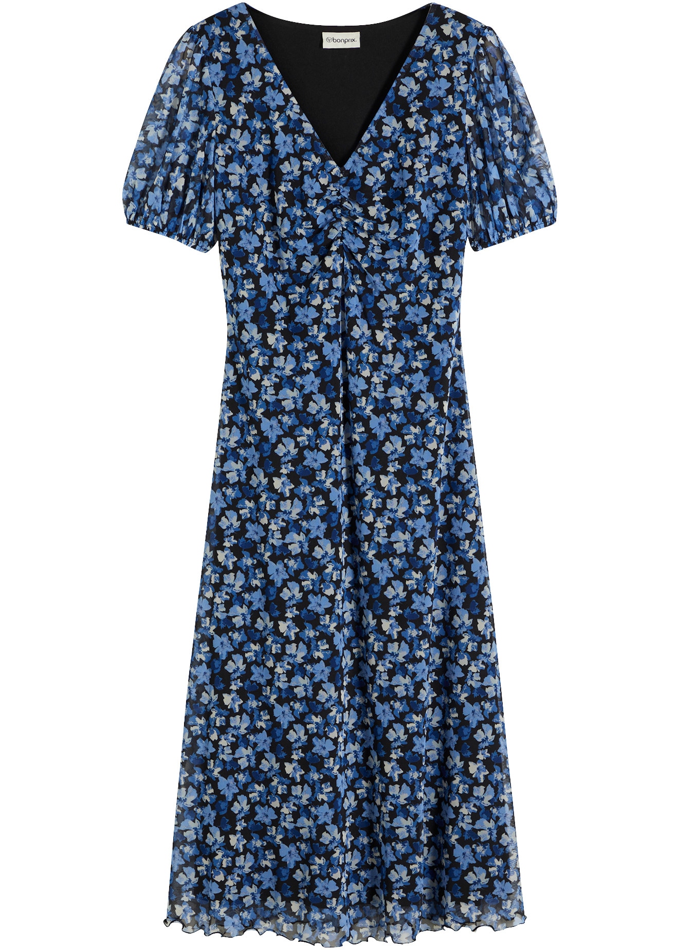 bonprix Robe midi robe midi en mesh féminine, avec fronces devant, coupe regular fit