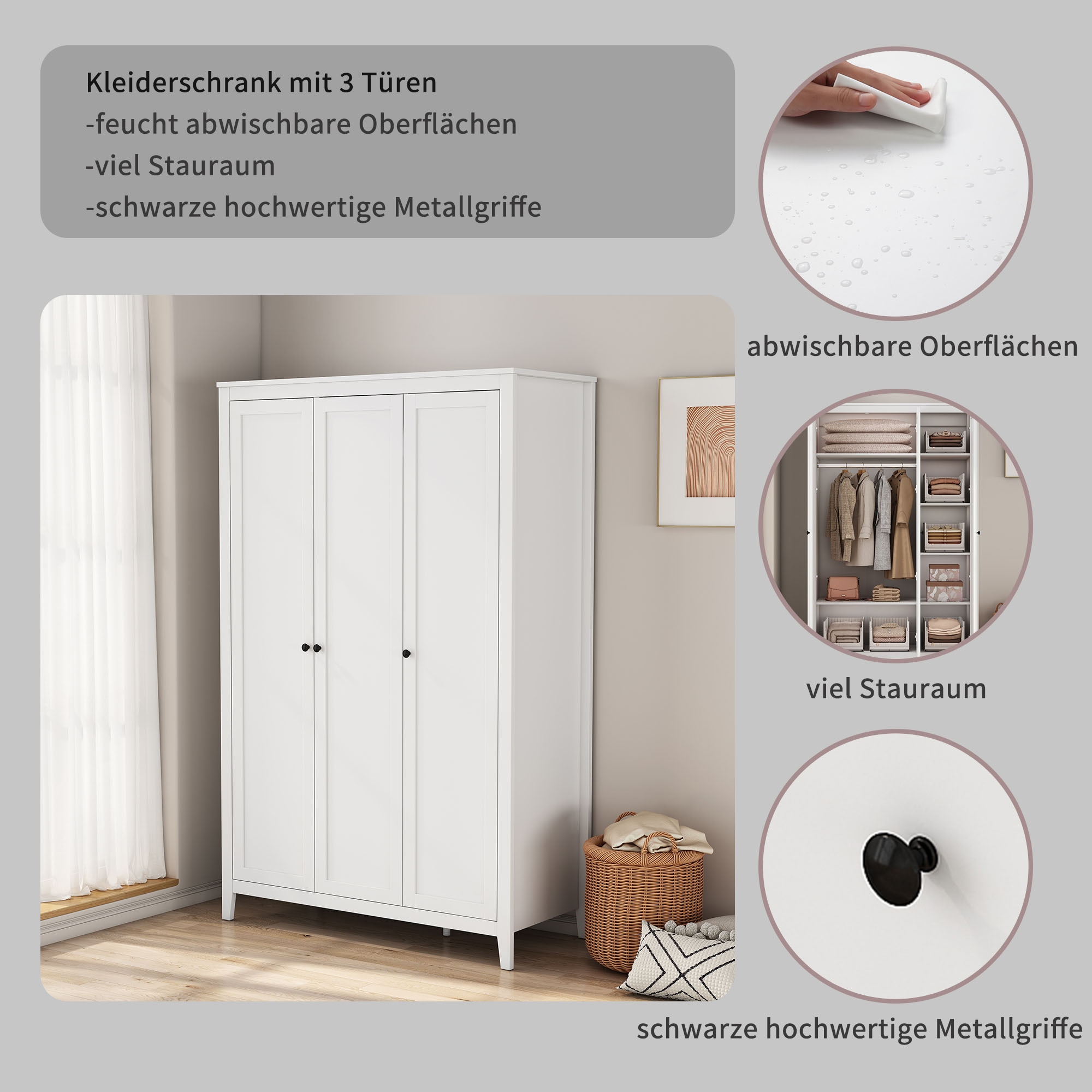 GOODproduct Kleiderschrank »Borkum Sideboard Anrichte mit 6 Schubladen Landhaus weiss« hochwertige schwarze Griffe aus Metall,  Schlafzimmerschrank mit 6 Böden und Kleiderstange, 3 Türen