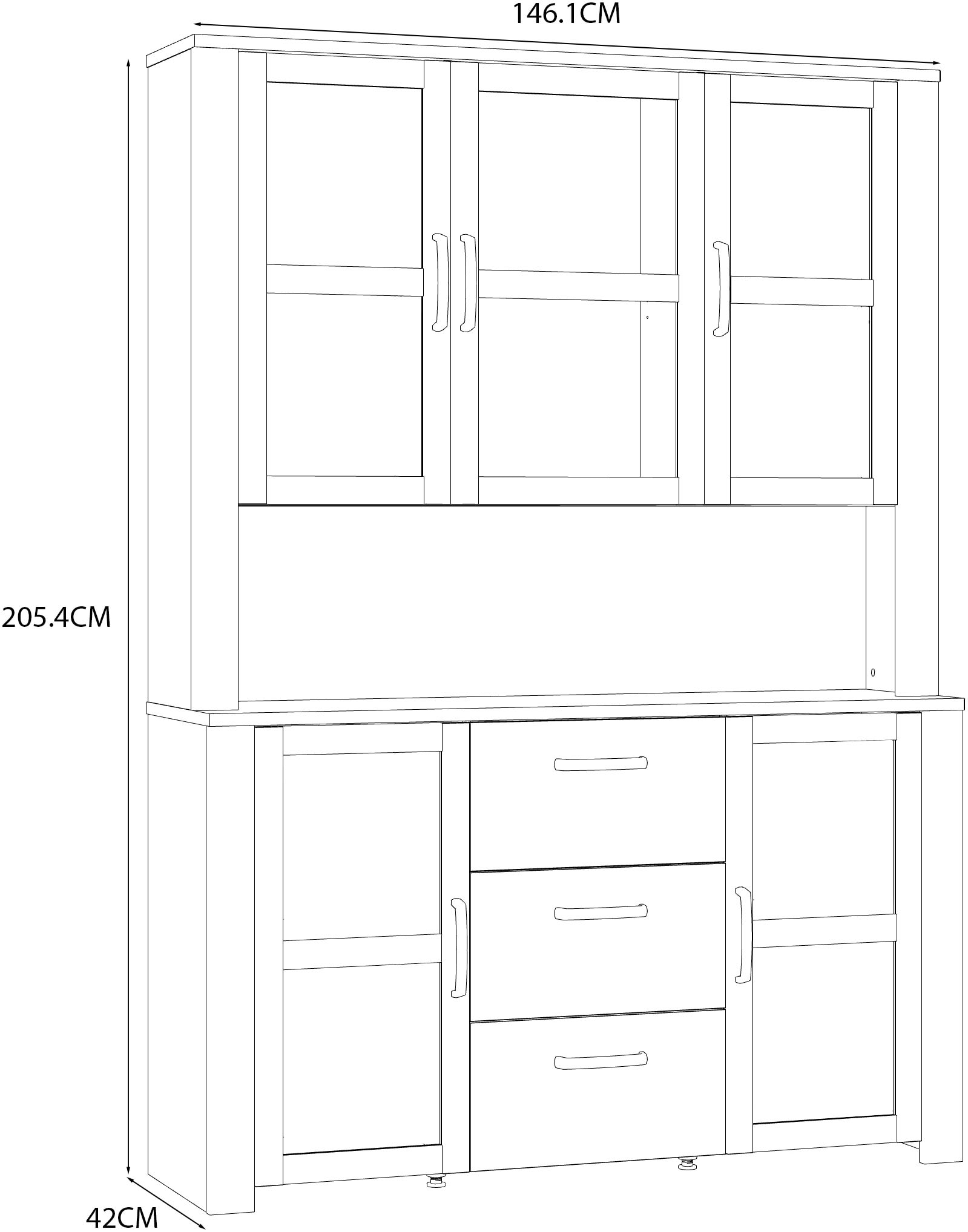 FORTE Buffet »Bohol, grosses Highboard,4Türen, 1 Glastüre, 3 Schubkästen« B/H/T 146,1/205,4/42 cm, sehr viel Stauraum