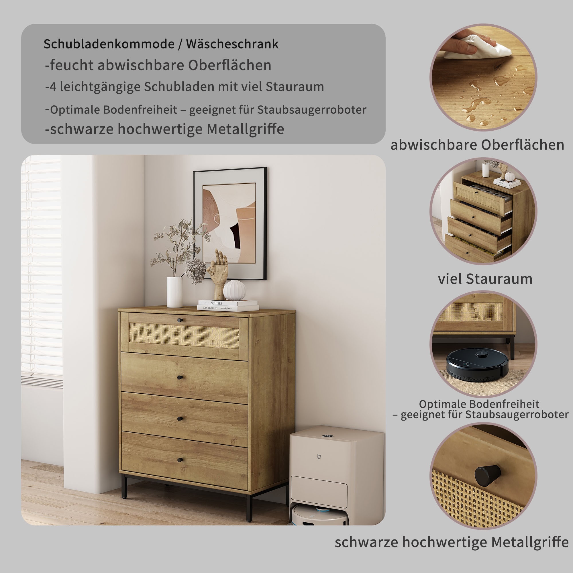 GOODproduct Kombikommode »Motala Sideboard Wäscheschrank im BOHO Design Bestseller Kommode« Eichen-Design mit Geflecht Schublade und schwarzen Griffen, 