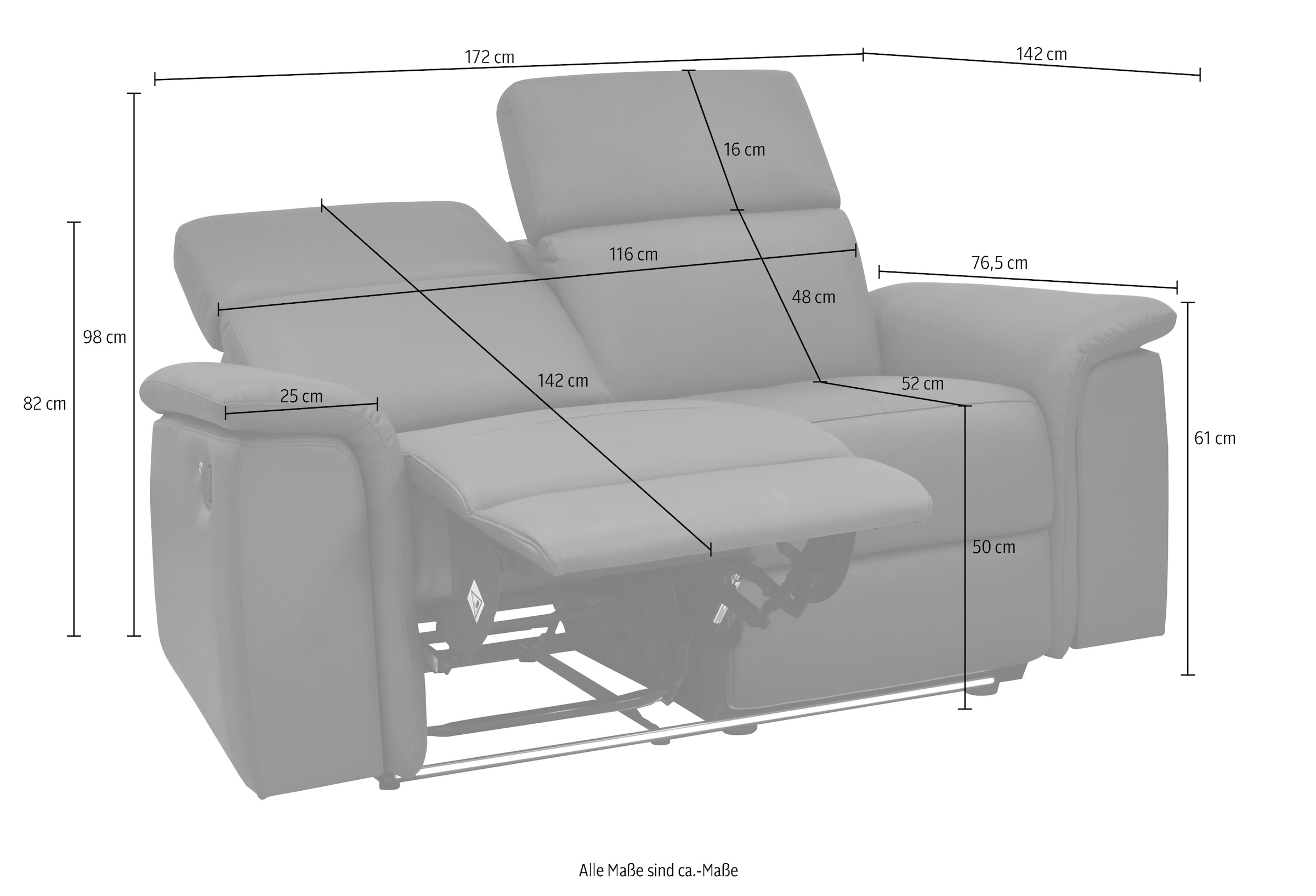 Home affaire 2-Sitzer »Pareli 172cm, manuelle u. elektr. Relaxfunktion« USB, Kopfteil-Verstellung, LED, in Echtleder, Kunstleder, Web