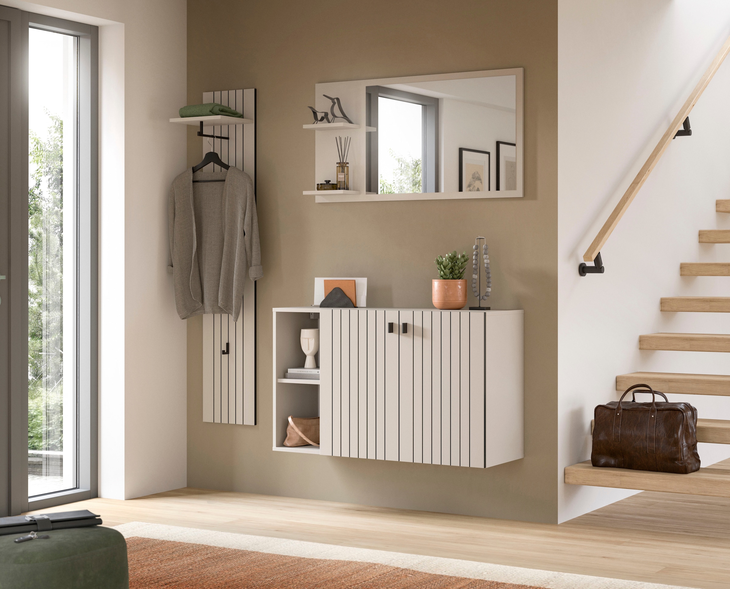 Home affaire Garderoben-Set »TATIO, 3-tlg. Garderobenkombination, Breite: 152 cm Rillenfräsung« Set, Set, best. aus: 1 Spiegel, 1 Garderobenpaneel, 1 Schuhkommode, 3 Stk. tlg.