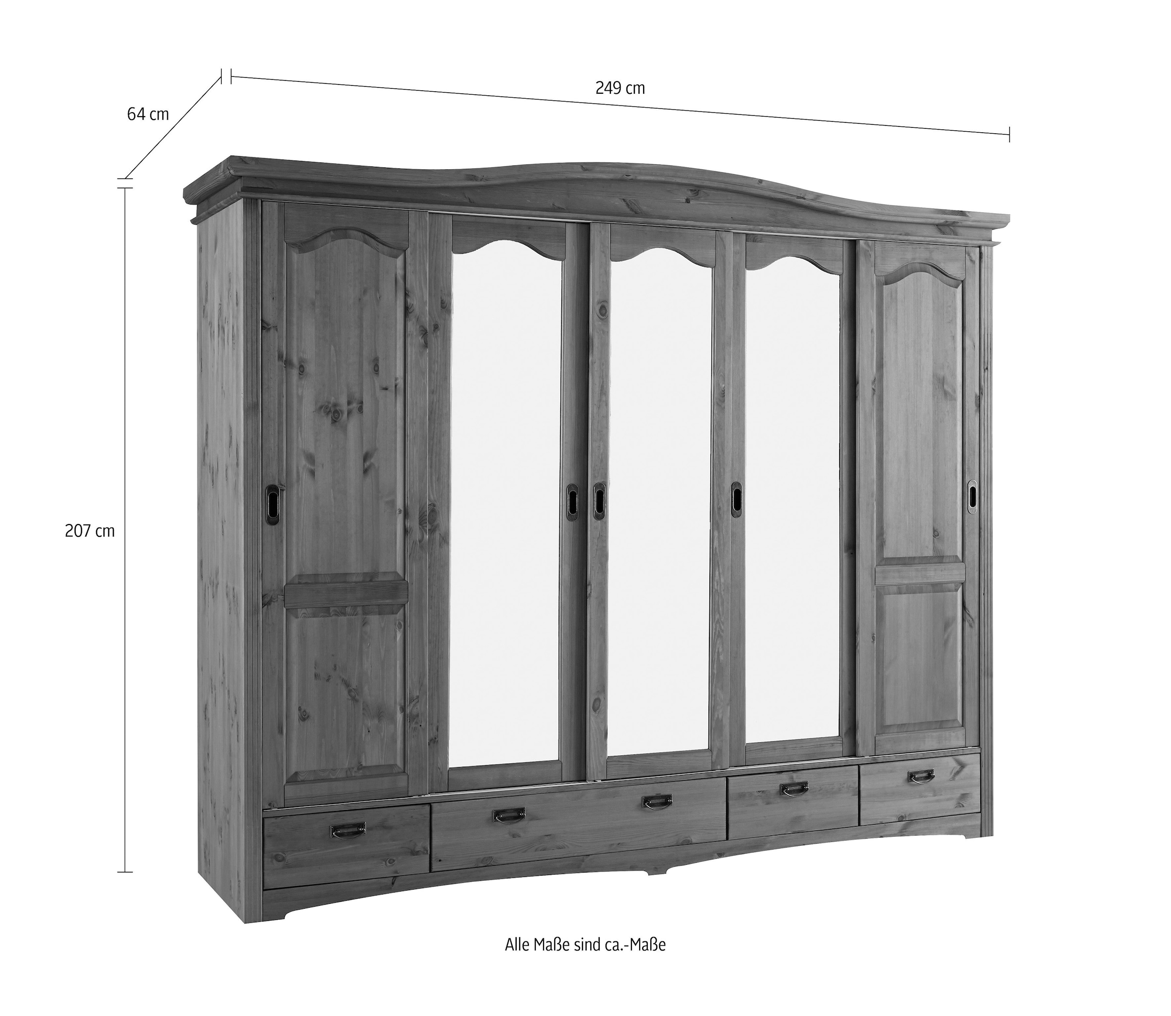 GOODproduct Schiebetürenschrank »Konrad, Landhausstil, rustikal, mit Schubladen + Spiegel, Kassetten« massive Kiefer, FSC®-zertifiziert, Messinggriffe