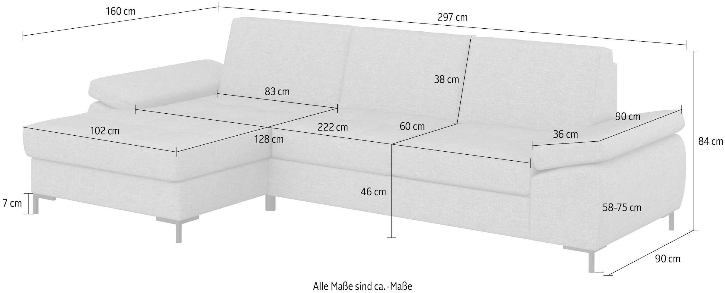 DOMO collection Canapé d'angle »Capelo, komfortabel, klare Linien zeichnen dieses Design aus, L-Form« mit Armteilverstellung, wahlweise mit Bettfunktion, Federkern