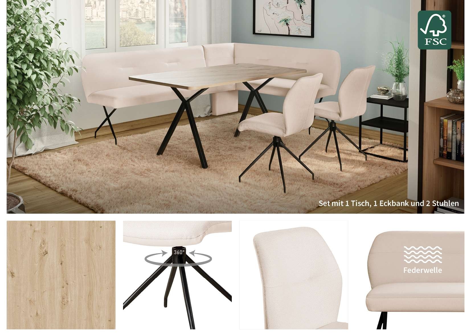 GOODproduct Eckbankgruppe »Bruna Essecke, Sitzgruppe, Eckbankgruppe, Küchenbankgruppe« Set, 4tlg, 4 tlg. tlg. Stuhl: 360° drehbar (Rückst.), 2-Stoff-Design. Wellenfederung Eckbank