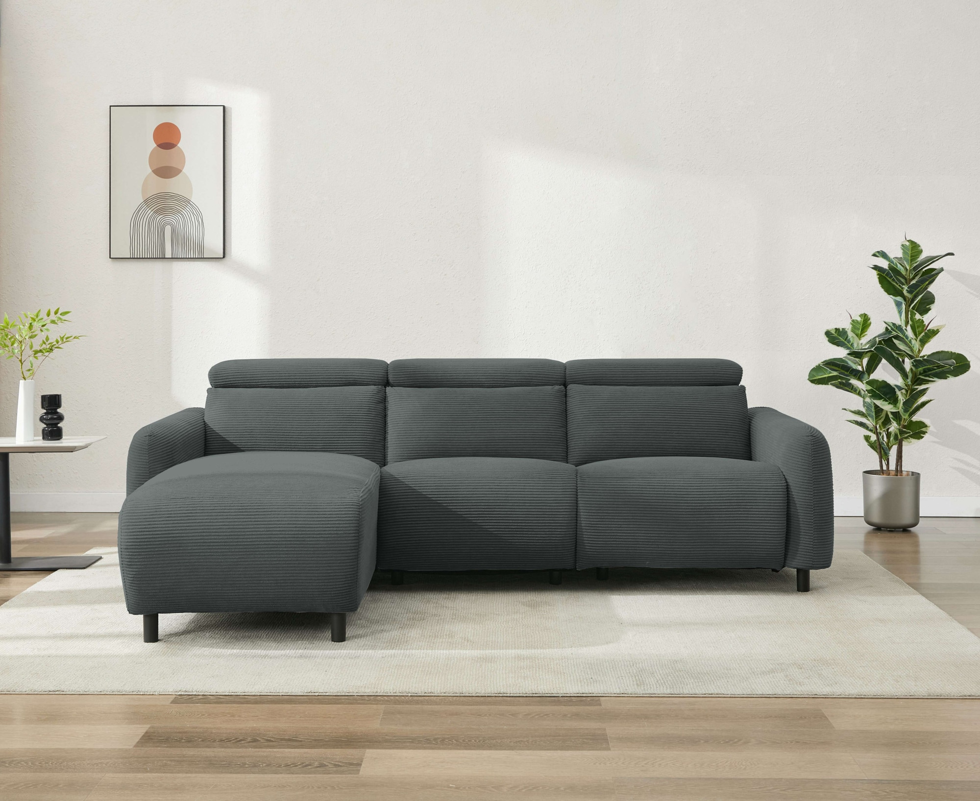 GOODproduct Ecksofa »SKAANE in Cord, L-Form, 274 cm, manuelle u. elektrische Relaxfunktion,« rundes Design, Kopfteilverstellung, Federkernpolsterung