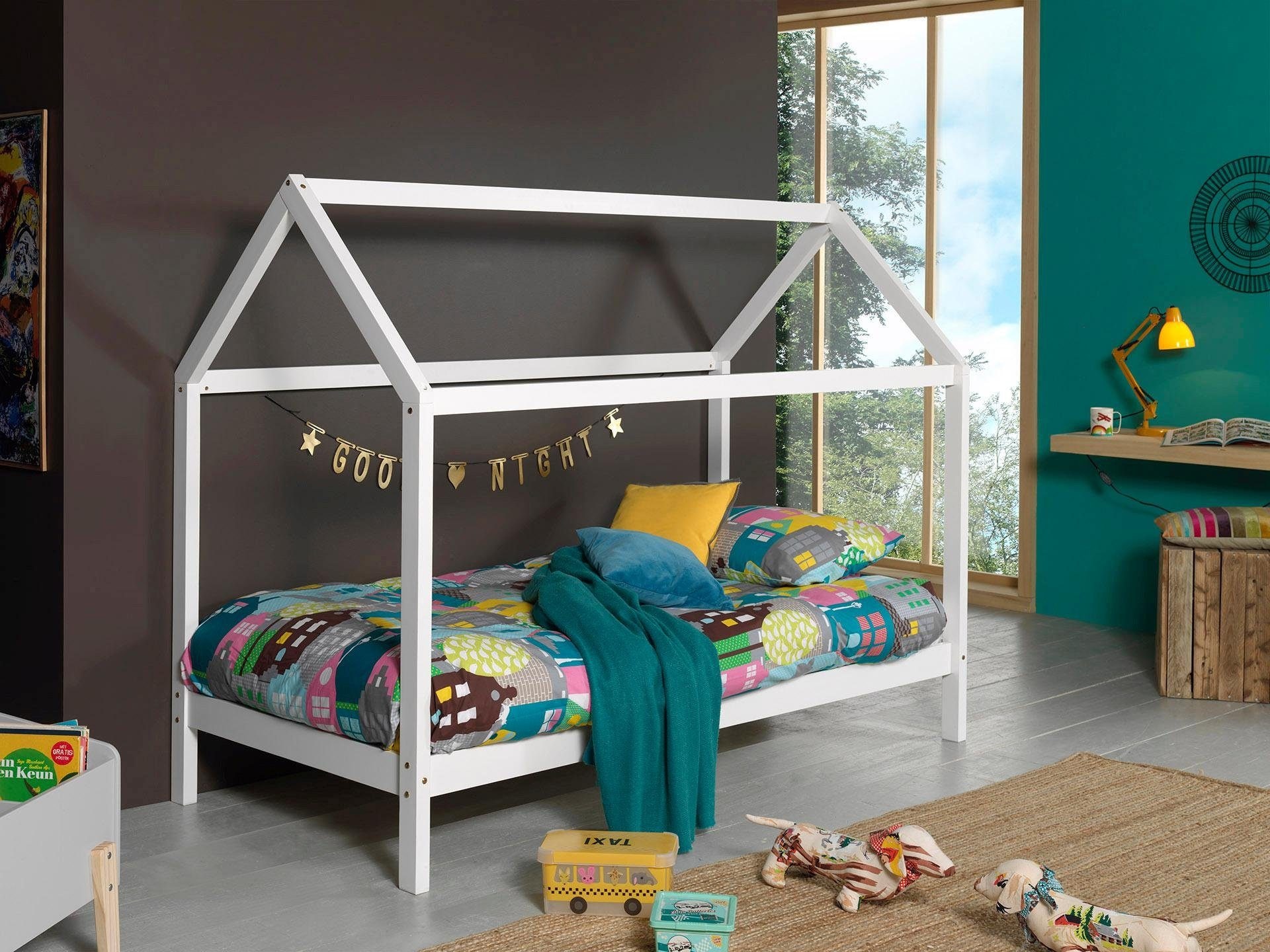 Vipack Lit de maison »Dallas, Hausbett Kiefer massiv, stabil gebaut, mit Rolllattenrost« L/H/P env. 208x158,5x98 cm, toit décoratif personnalisable,  au choix avec ou sans tiroir de lit, 2 couleurs au choix