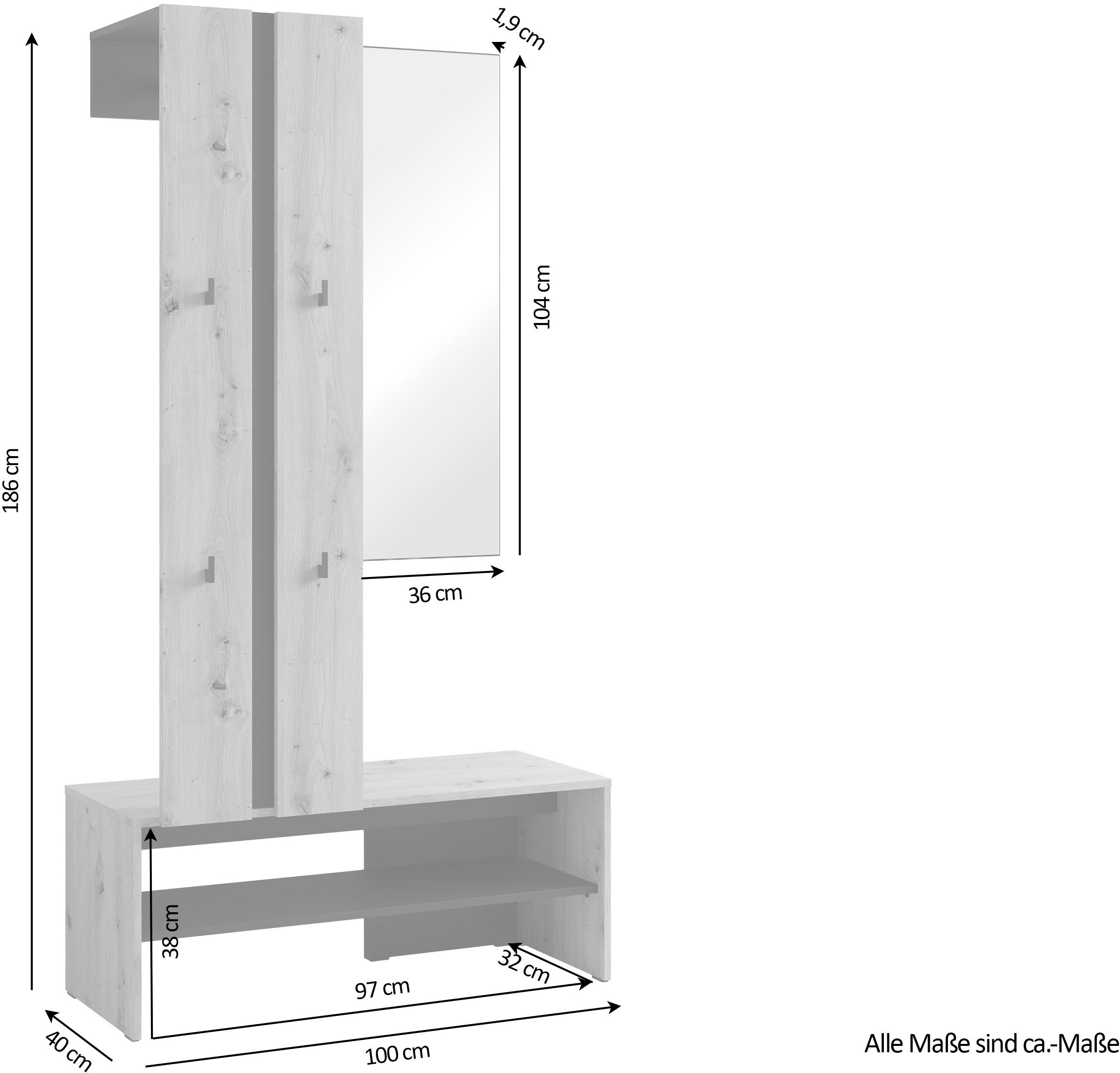 byLIVING Vestiaire compact »Dielen - Set Nante« 2 cuis tlg. maximale Ordnung auf wenig Fläche mit Spiegel, Kleiderstange und Haken