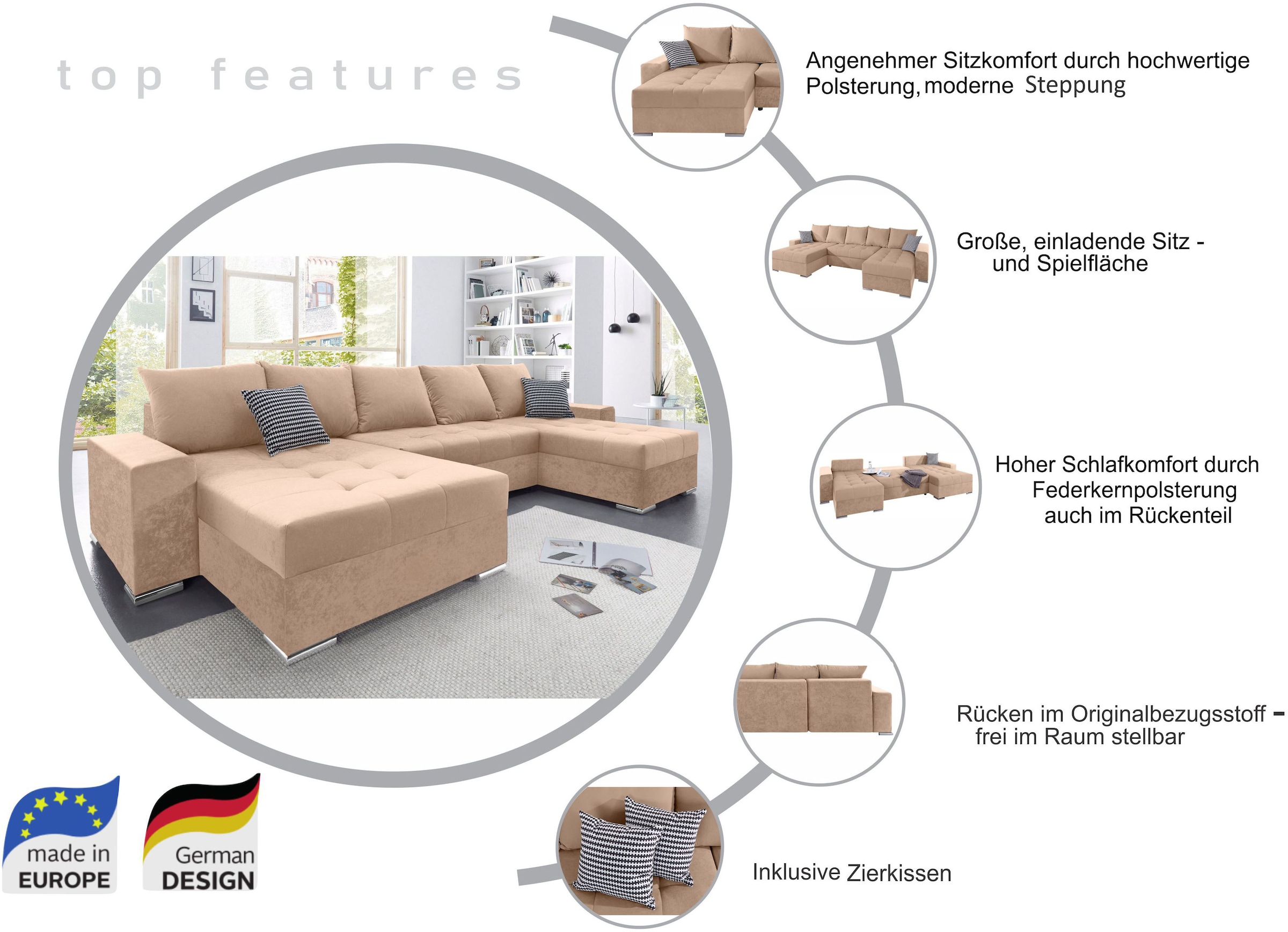 COLLECTION AB Wohnlandschaft »Josy XXL U-Form, B: 333 cm, mit 2 Recamieren 77 & 97 cm« mit Bettfunktion, Bettkasten & 2 Zierkissen, Federkern