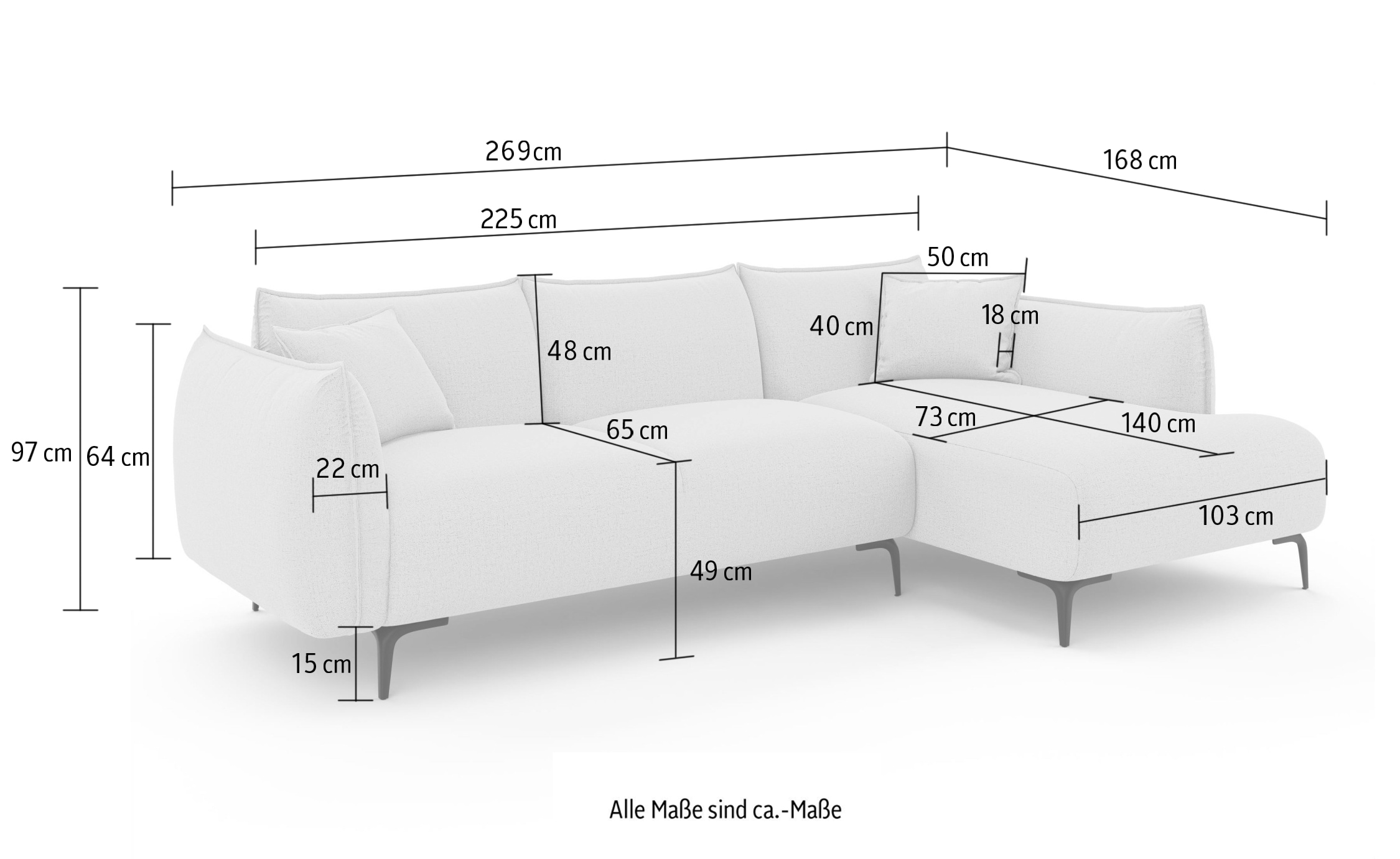 LeGer Home by Lena Gercke Canapé d'angle »Adelita mit Ottomane links oder rechts bestellbar, B/H/T 270/97/168« L-Form mit Wellenunterfederung, enthält 2 Zierkissen