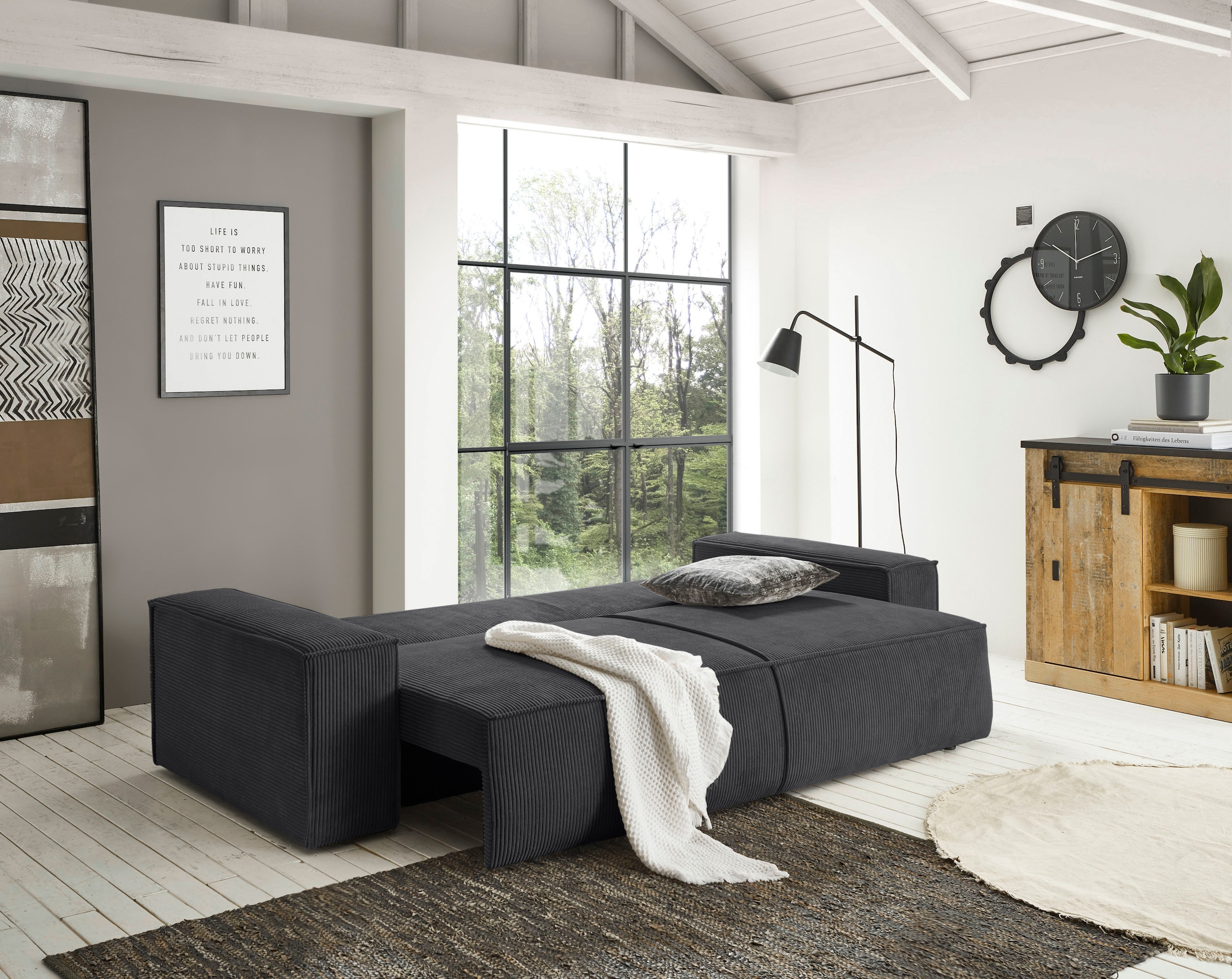 Home affaire 3-places »SHERWOOD Schlafsofa (257cm) Cord, Samtvelours, Vintage-Lederoptik« Schlaffunktion mit Bettkasten (ca. 136/200cm)