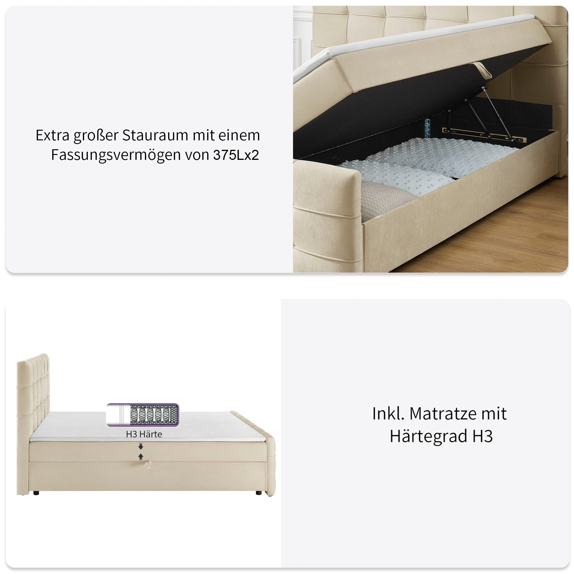 GOODproduct Lit de boxe »LILIENNE, Polsterbett mit Bettkasten und Taschenfederkernmatratze H3« avec surmatelas en mousse froide, revêtement en chenille, 160x200 & 180x200 cm