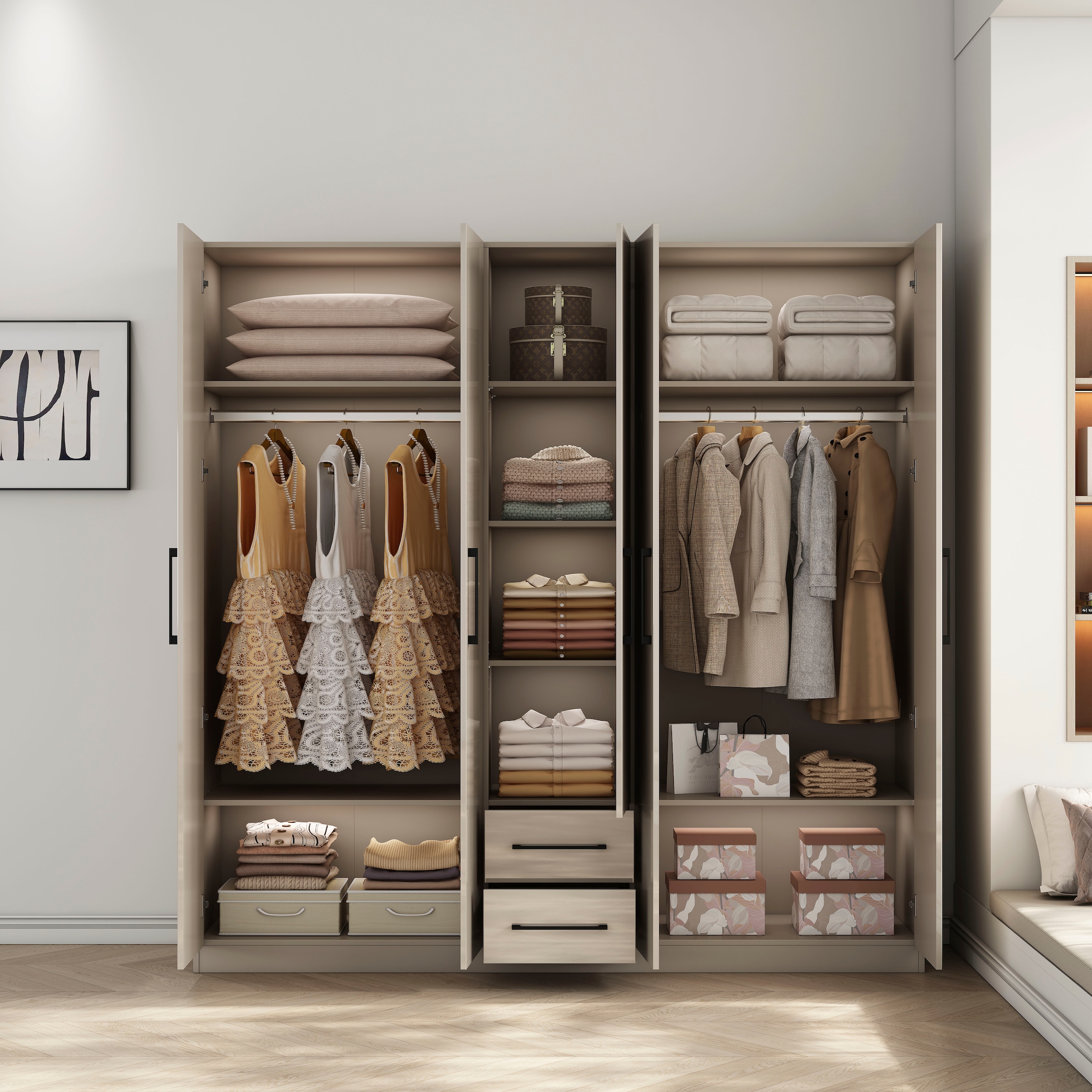 GOODproduct Armoires à vêtements »Sylt Schlafzimmerschrank Garderobe Schrank  in hochglanz weiss« 5 portes, 2 tiroirs, poignées noires modernes, 7 étagères,  Armoire à portes tournantes avec aménagement intérieur parfait, largeur 200cm