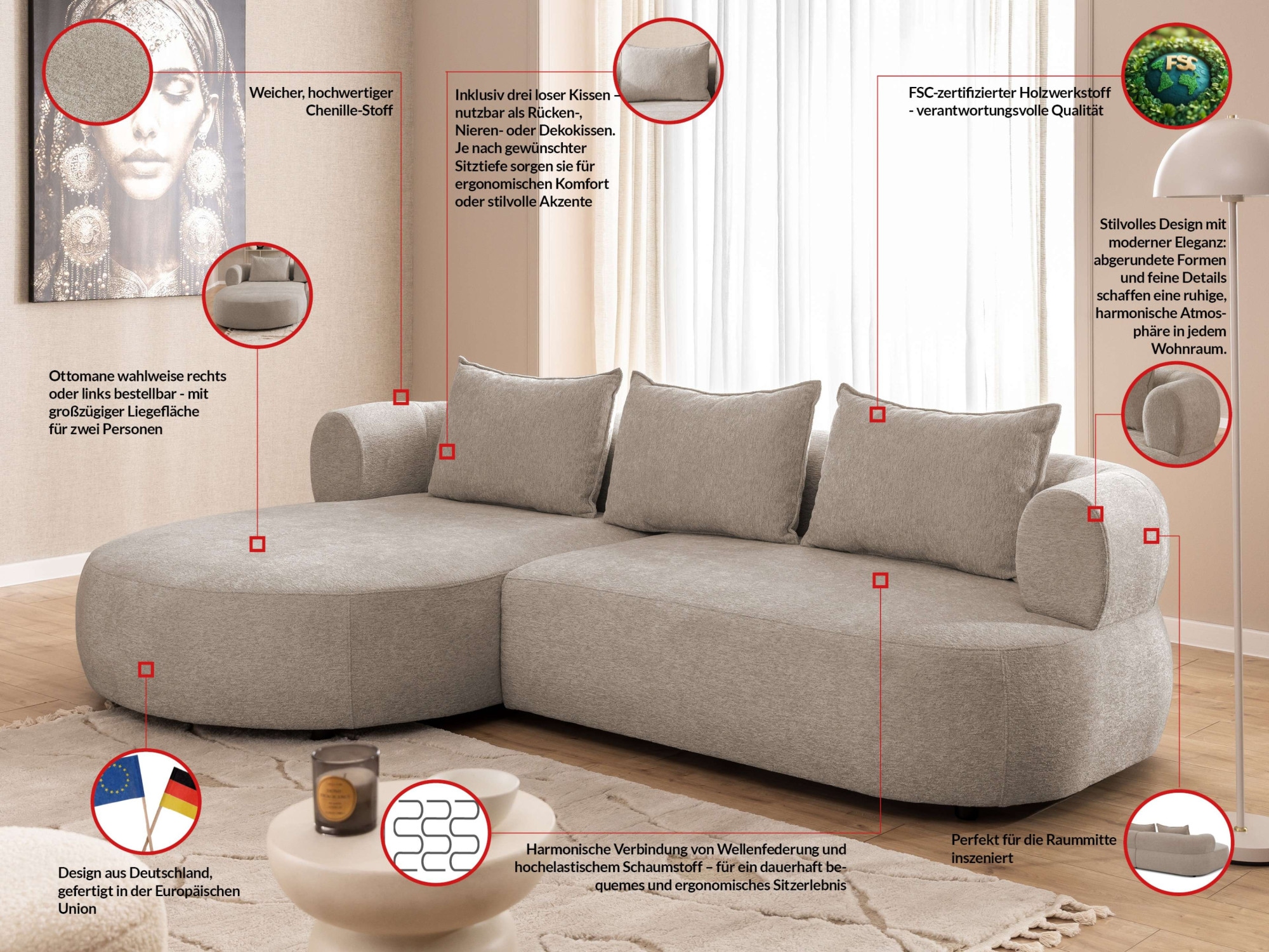 Home affaire Canapé d'angle »LUSSAC L-Form Design-Sofa mit Zierkissen, Masse B/T/H: 257/159/78 cm« grand confort d'assise et design moderne, canapé sans fonction lit