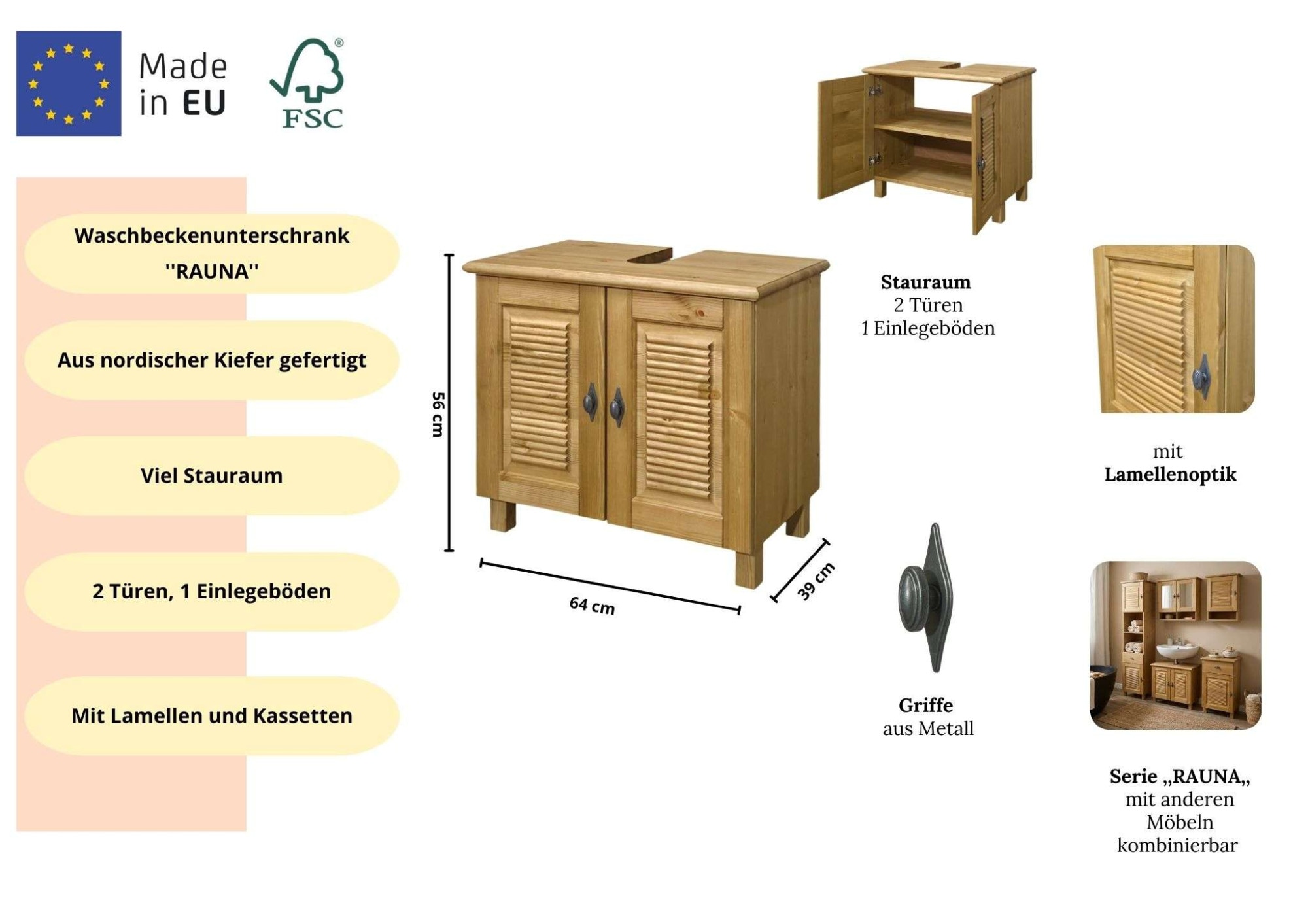 GOODproduct Armoire sous lavabo »Rauna« aus massiver Kiefer, Breite 64 cm, Rillenoptik, made in EU