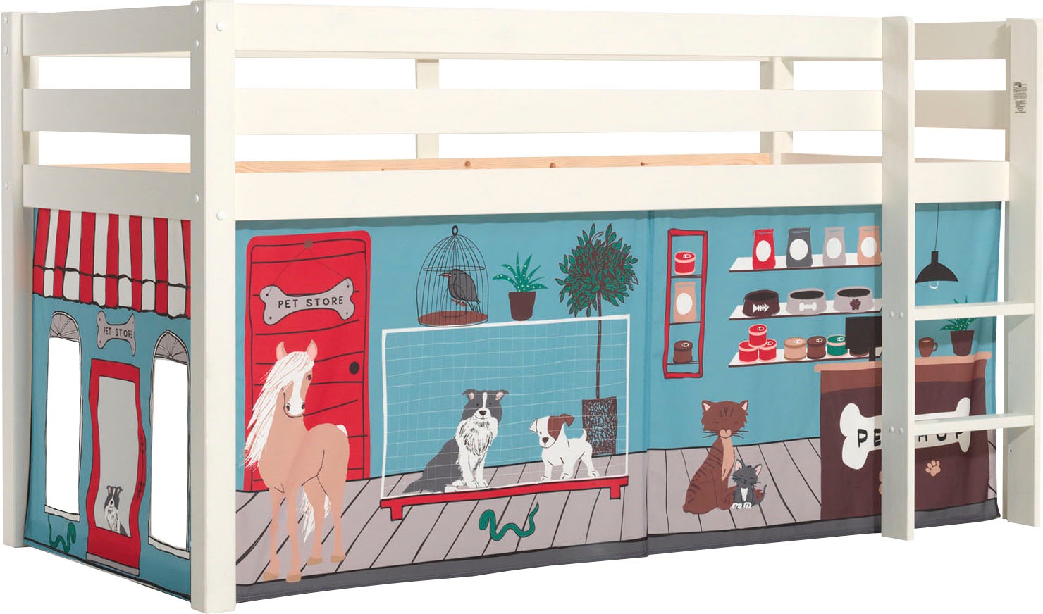 Vipack Spielbett »Pino, Kiefer massiv, mit Rolllattenrost u. Textil-Set, Made in Europe« B/H/T ca. 210x114x106cm, mit Leiter und Absturzschutz,  verschiedene Textil Dessins, 3 Gestellfarben zur Wahl