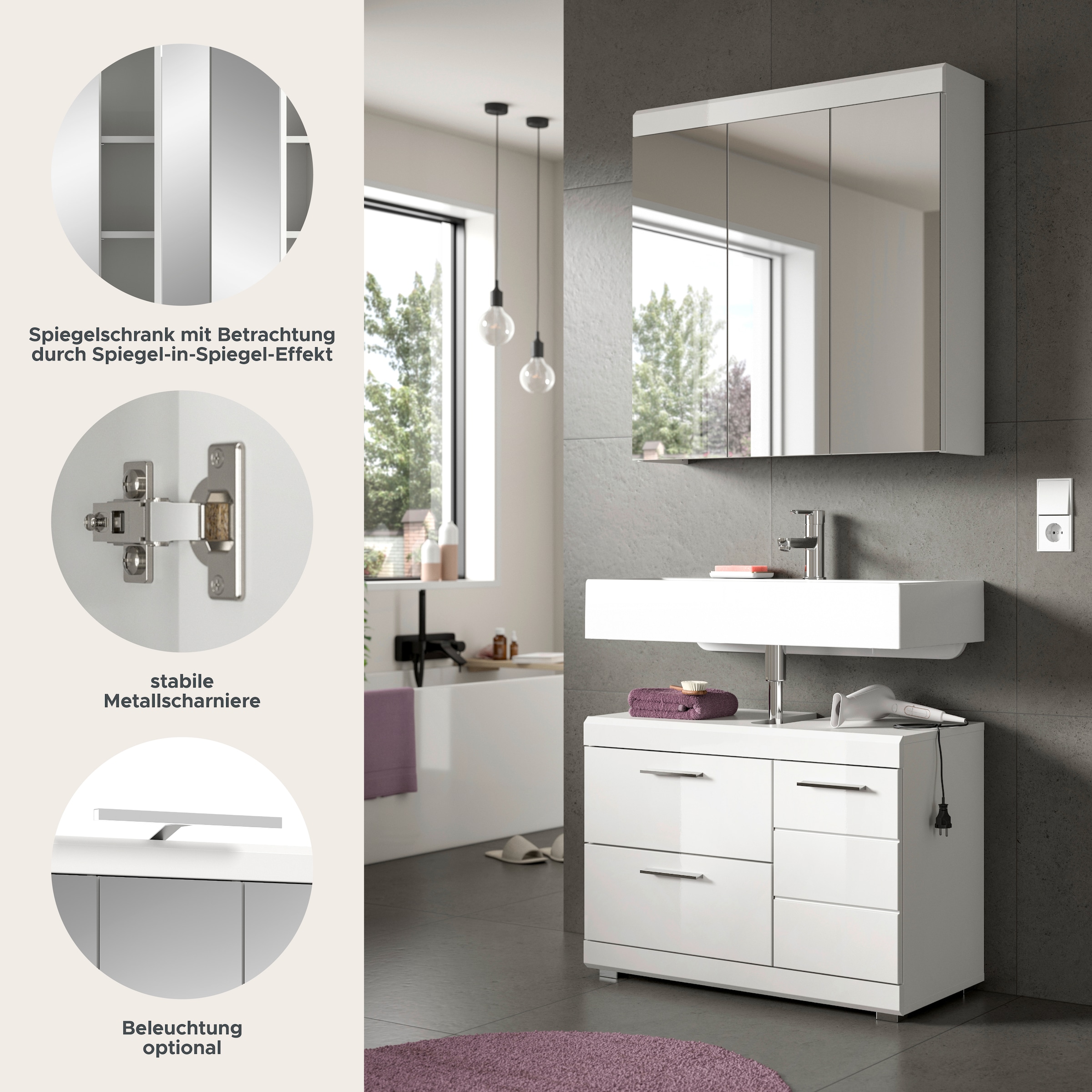 welltime Badmöbel-Set »SIENA, 2-teilig, Waschbeckenunterschrank & Spiegelschrank, MDF-Front«