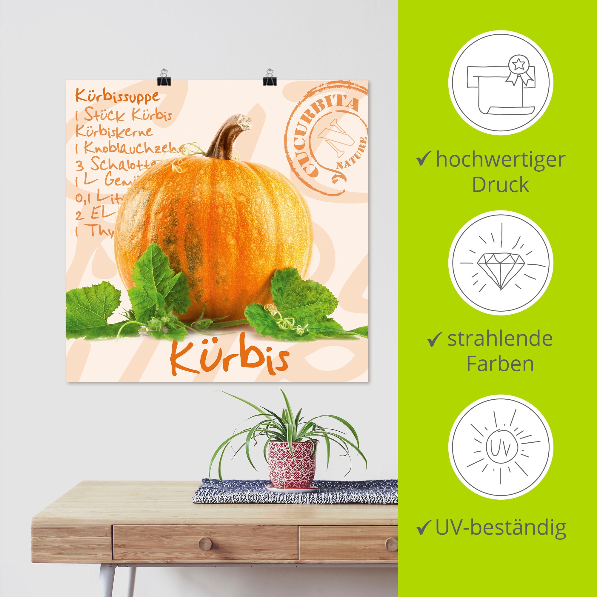 Artland Wandbild »Gelber Kürbis mit grünen Blättern« Lebensmittel 1 Stk. tlg. als Poster, Wandaufkleber in verschied. Grössen