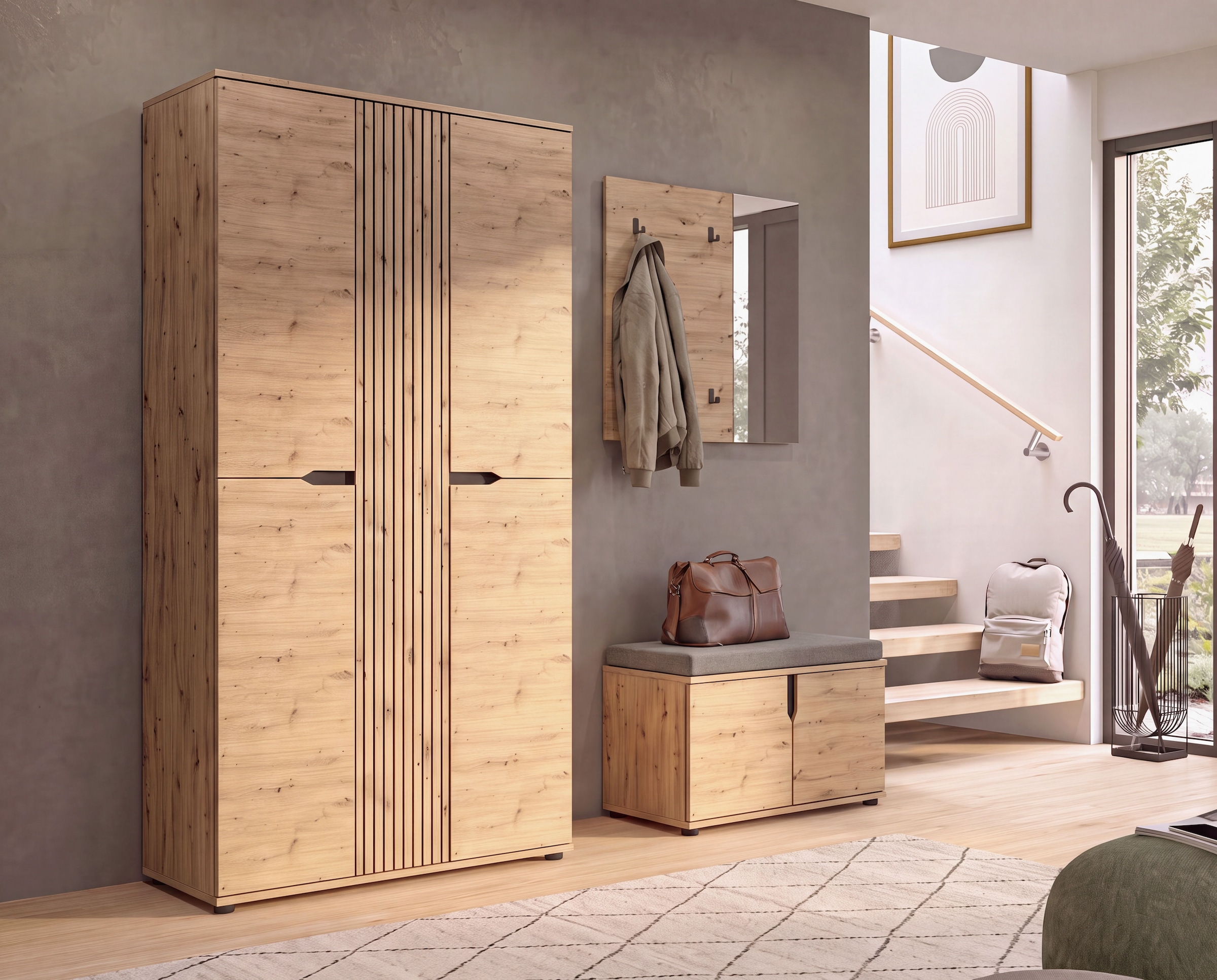GOODproduct Garderobenschrank »FJELL, Breite 104cm, 3 Türen, 8 Böden, 10 Fächer, 1 Kleiderstange« Kleiderschrank, Schrank, Dielenschrank, Flurschrank, Mehrzweckschrank
