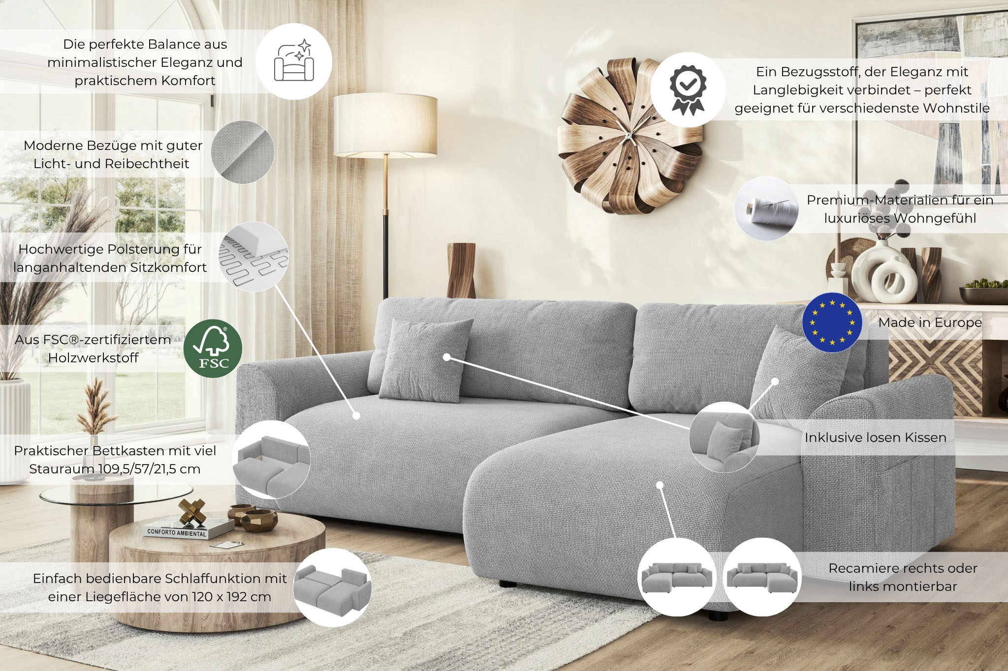Home affaire Canapé d'angle »VasbySuyal Schlafsofa 235cm L-Form mit Recamiere beidseitig montierbar« Designsofa mit Bettfunktion und Bettkasten, Masse B/T/H: 235/138/80 cm