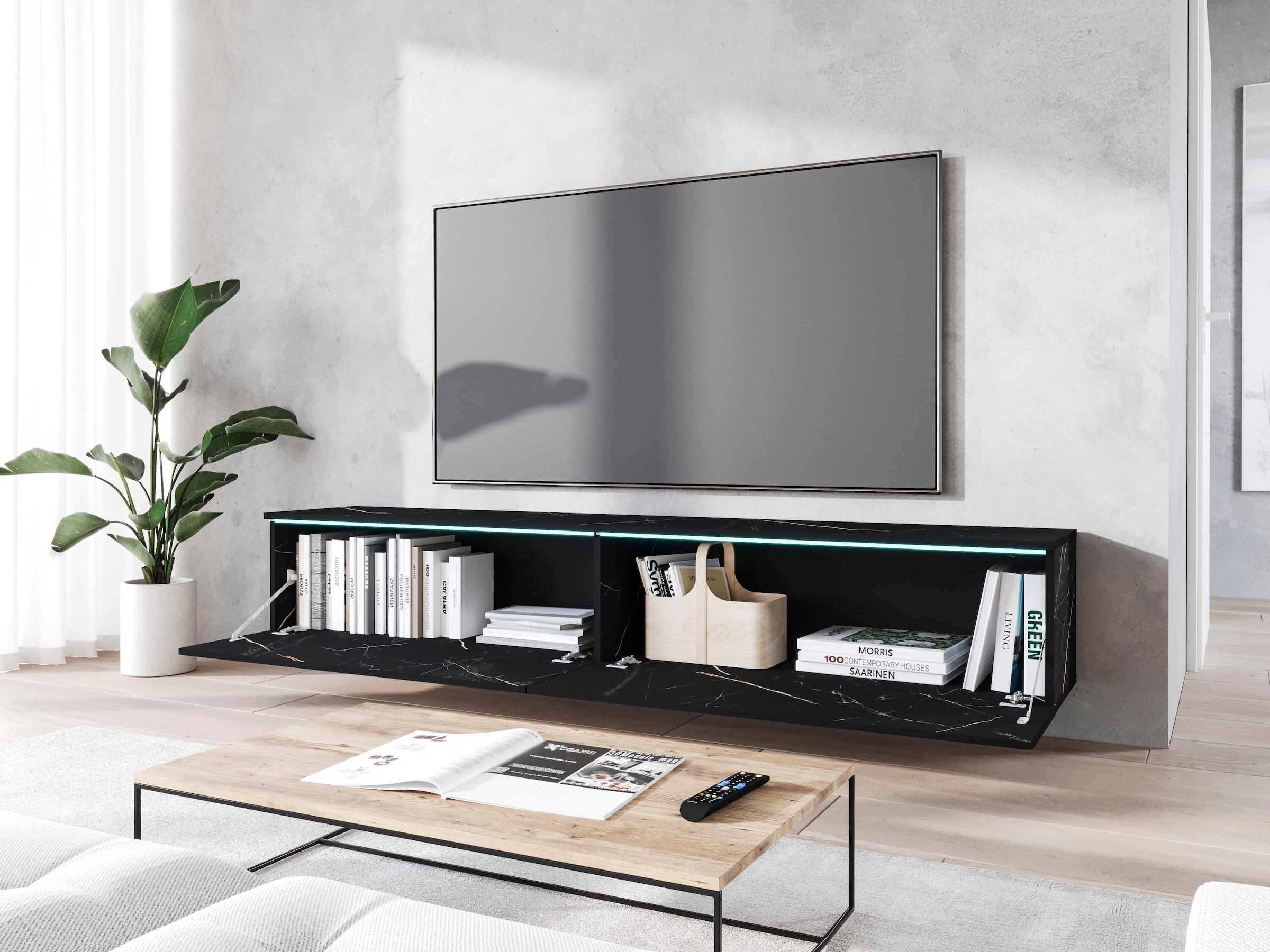 Home affaire Lowboard »LOWBOARD VERA, wahlweise mit oder ohne Beleuchtung« Modernes griffloses TV-Board, 180 cm TV-Schrank, stehend und hängend