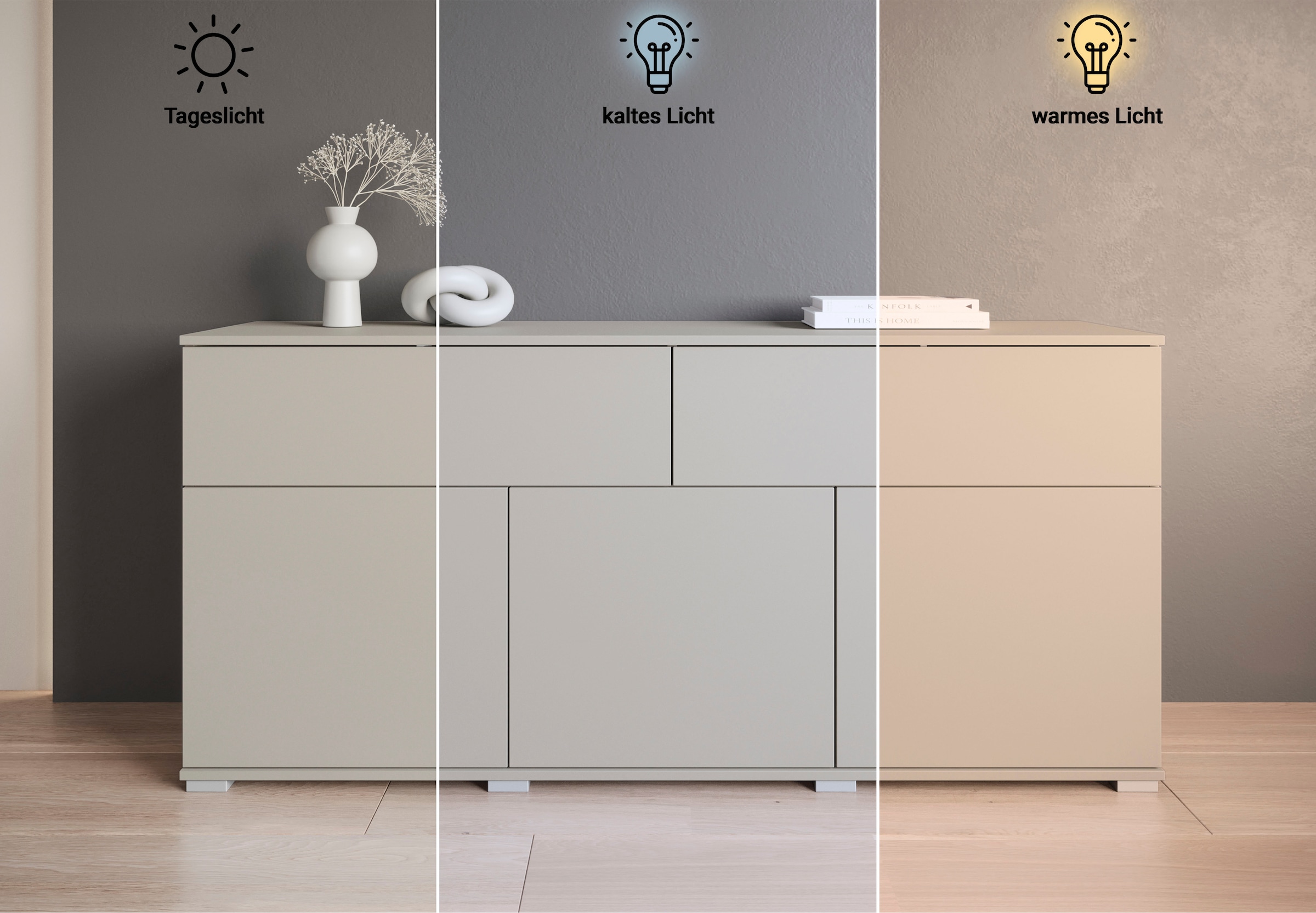 GOODproduct Buffet »Kenia, Kommode mit 3 Türen und 2 Schubladen, 150 cm breit« 1 cuis tlg. Design sans poignées avec push-to-open et étagères réglables
