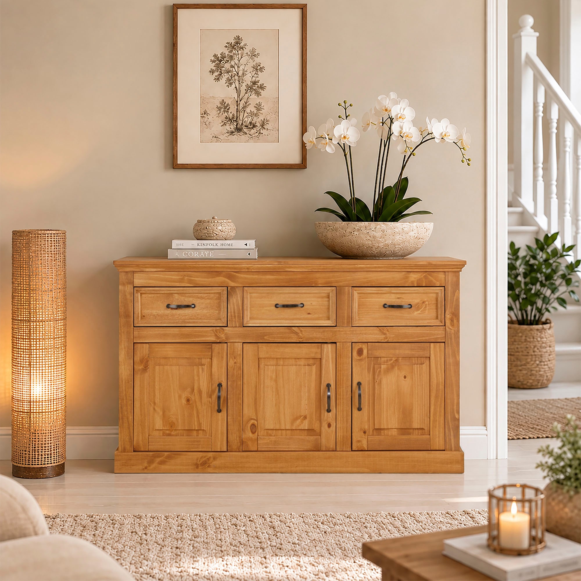GOODproduct Buffet »Selma Kommode mit 3 Türen, 3 Schubläden und 6 Fächer, Metallgriffe« commode en pin massif, largeur 145 cm