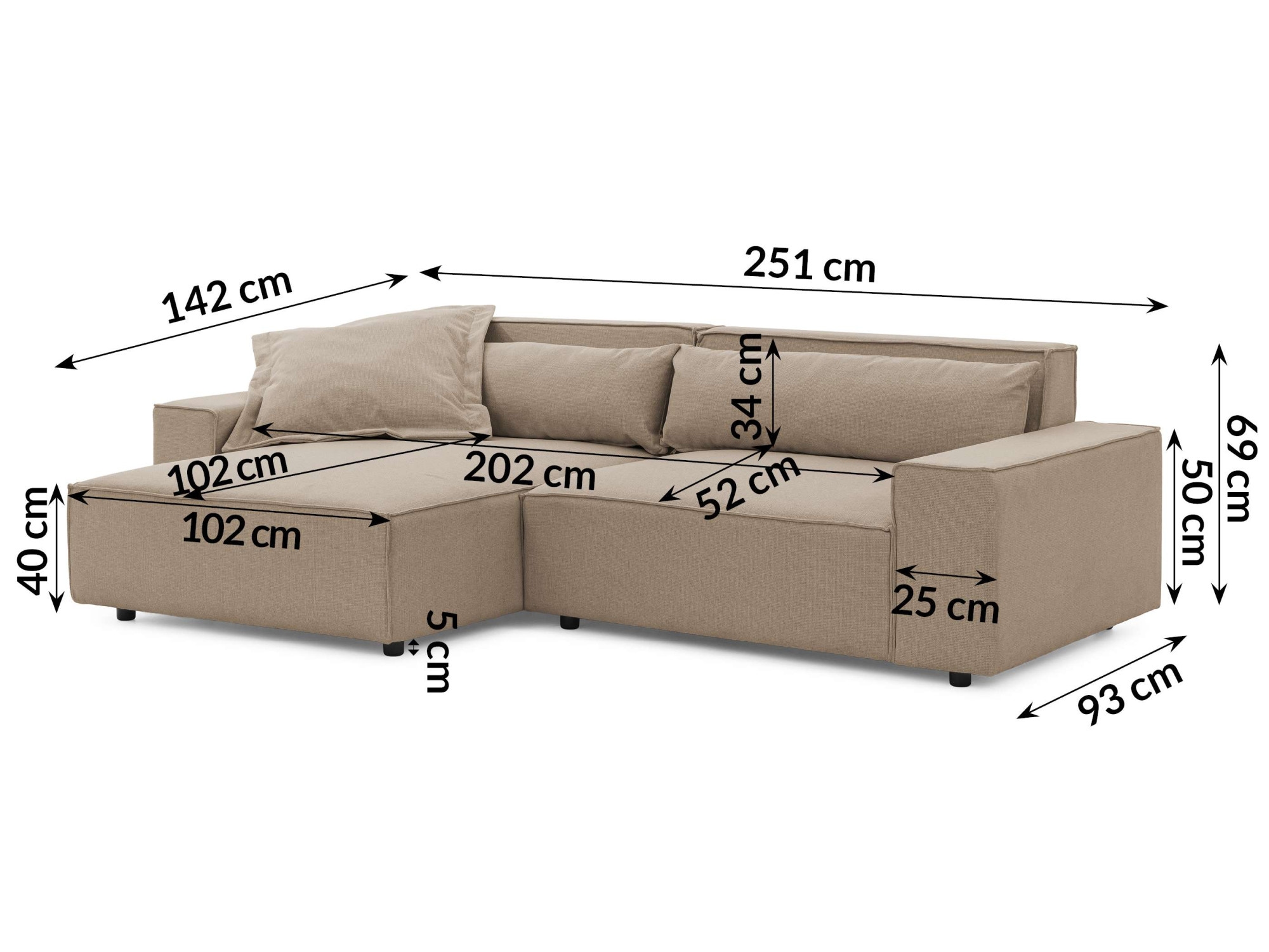 GOODproduct Canapé d'angle »KINLEE Design-Sofa mit Recamiere rechts/links, Masse B/T/H 251/144/70cm« L-Form mit Wellenunterfederung, ohne Bettfunktion, modern und beguem
